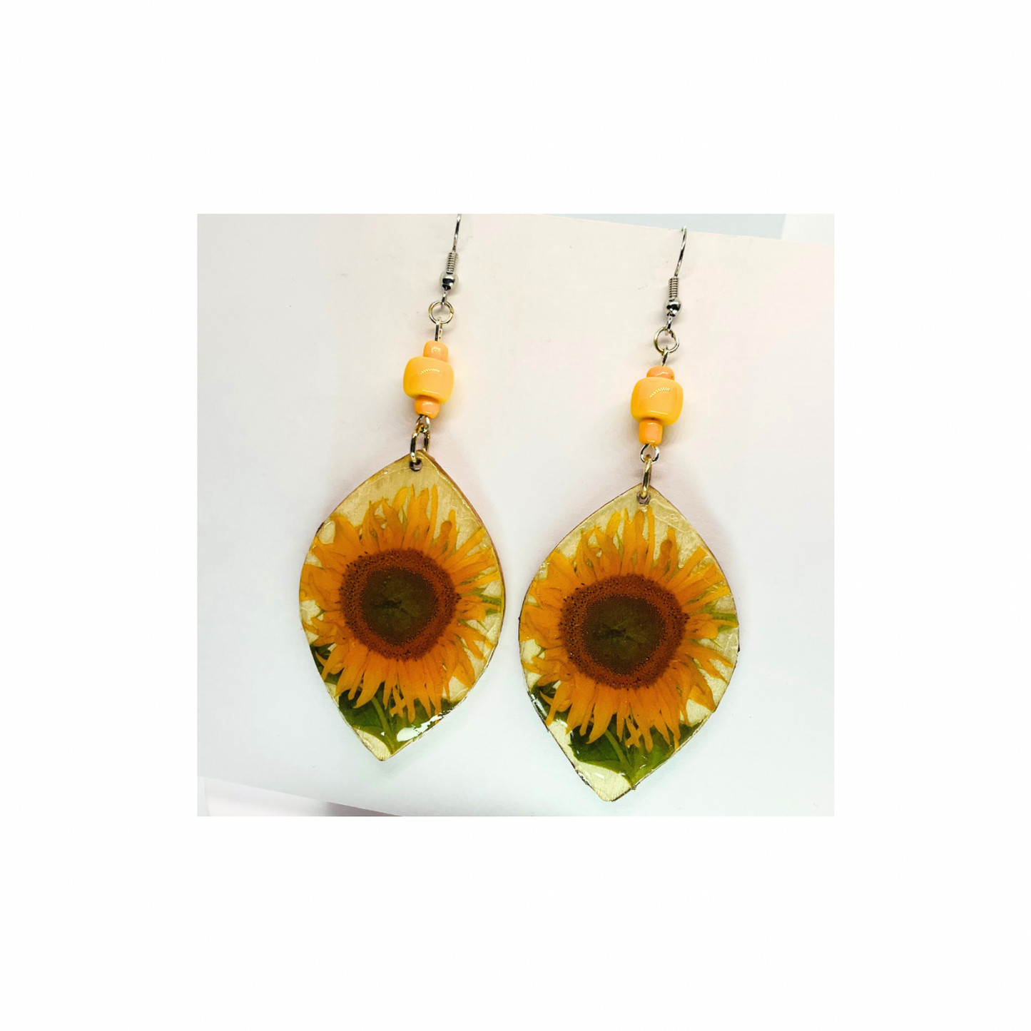 French Garden Collection Teardrop Wood Sunflower Dangle Earring with Yellow Beads and Silver Hooks