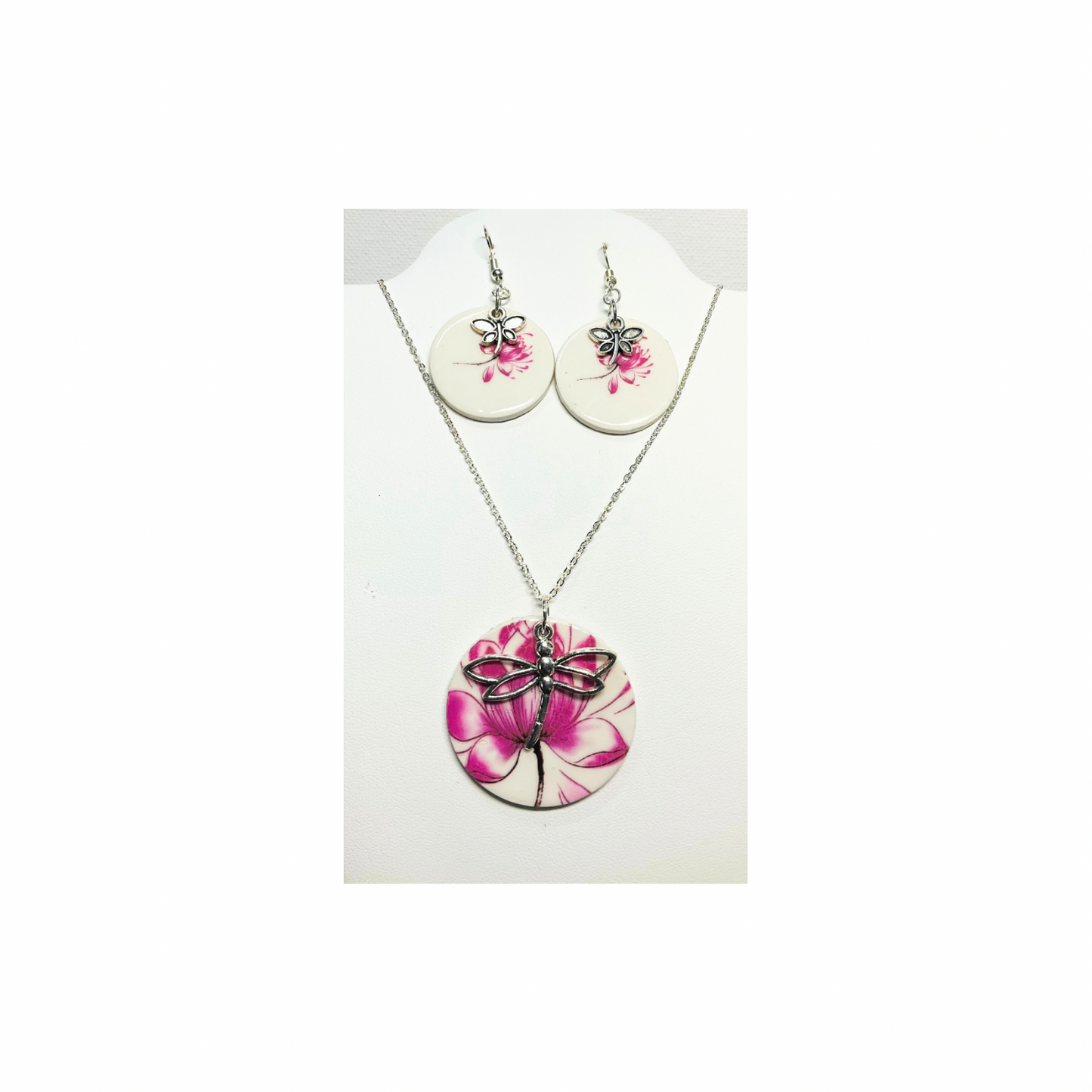 Lotus Flower Earrings and Pendant with Dragonfly Charms