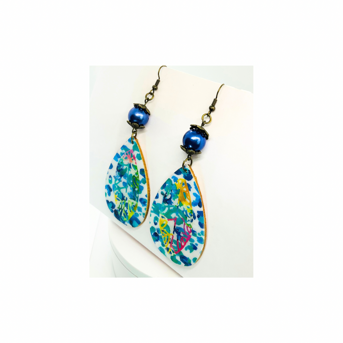 Boho Floral Teardrop Earrings Handmade Wood & Decoupage Layered Flower Cardstock Pearl Blue Bead Bronze Accents Boho Style Jewelry