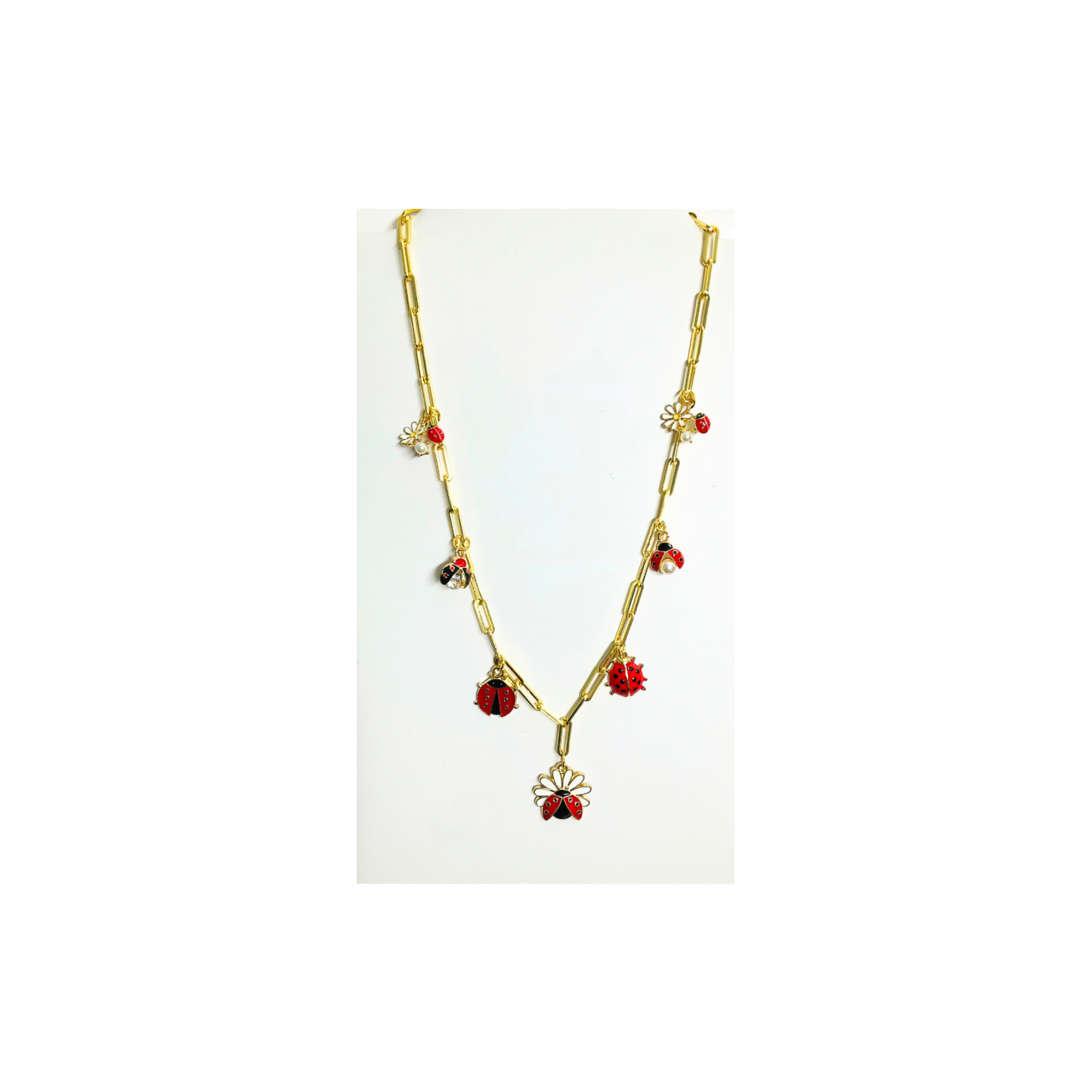 Gold Paperclip Chain Ladybug 18-inch Charm Necklace with Red Beads and Floral Accents for Women