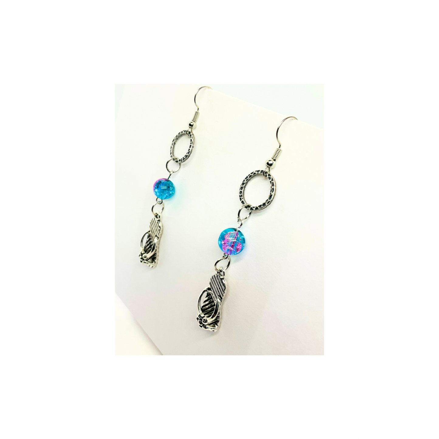 Ocean Collection Silver Flip Flops with Crystal Ocean Bead Dangle Earring - Unique Design Earrings