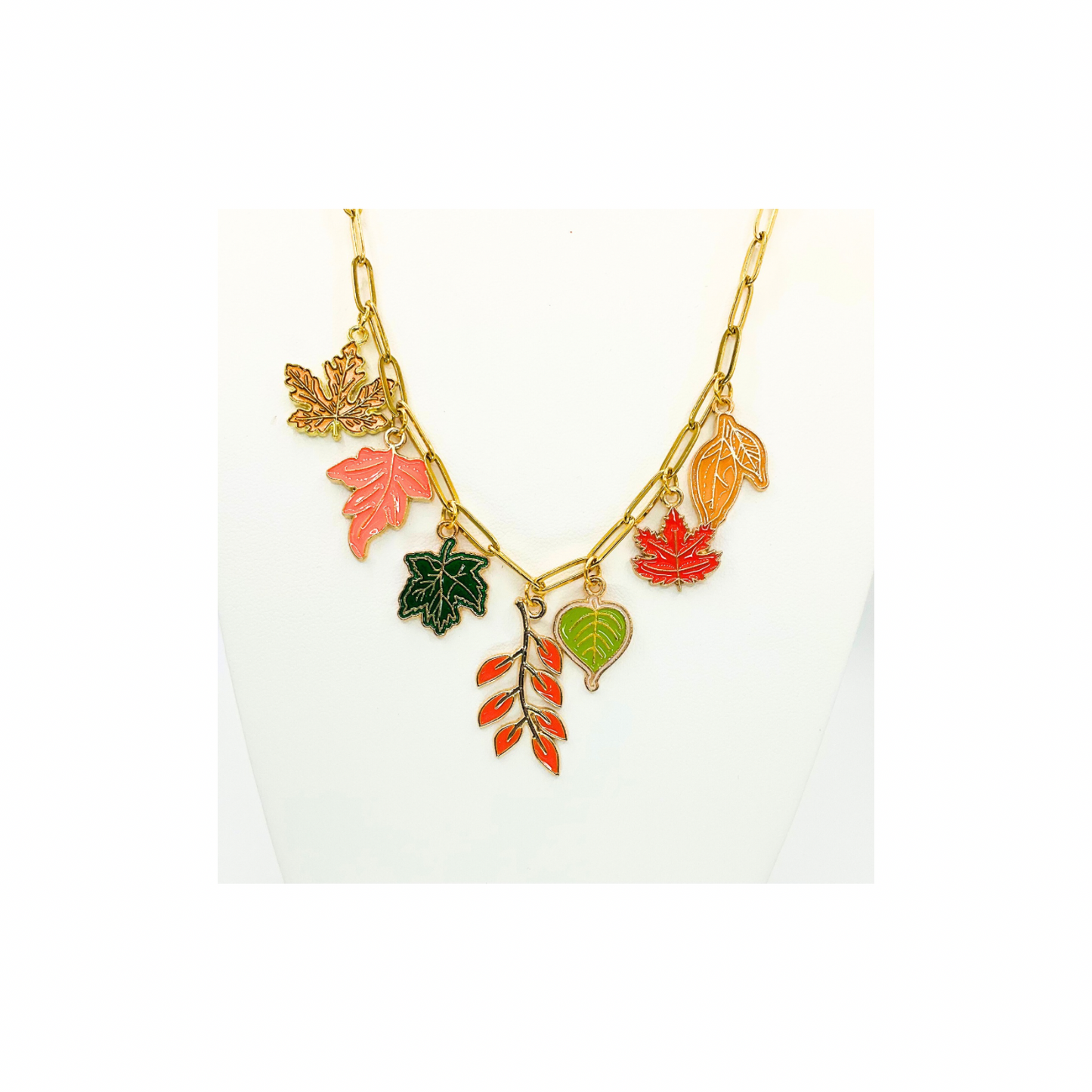 Fall Collection Charm 18-Inch Paperclip Necklace and Bracelet Set with Vibrant Leaf Charms for Seasonal Style