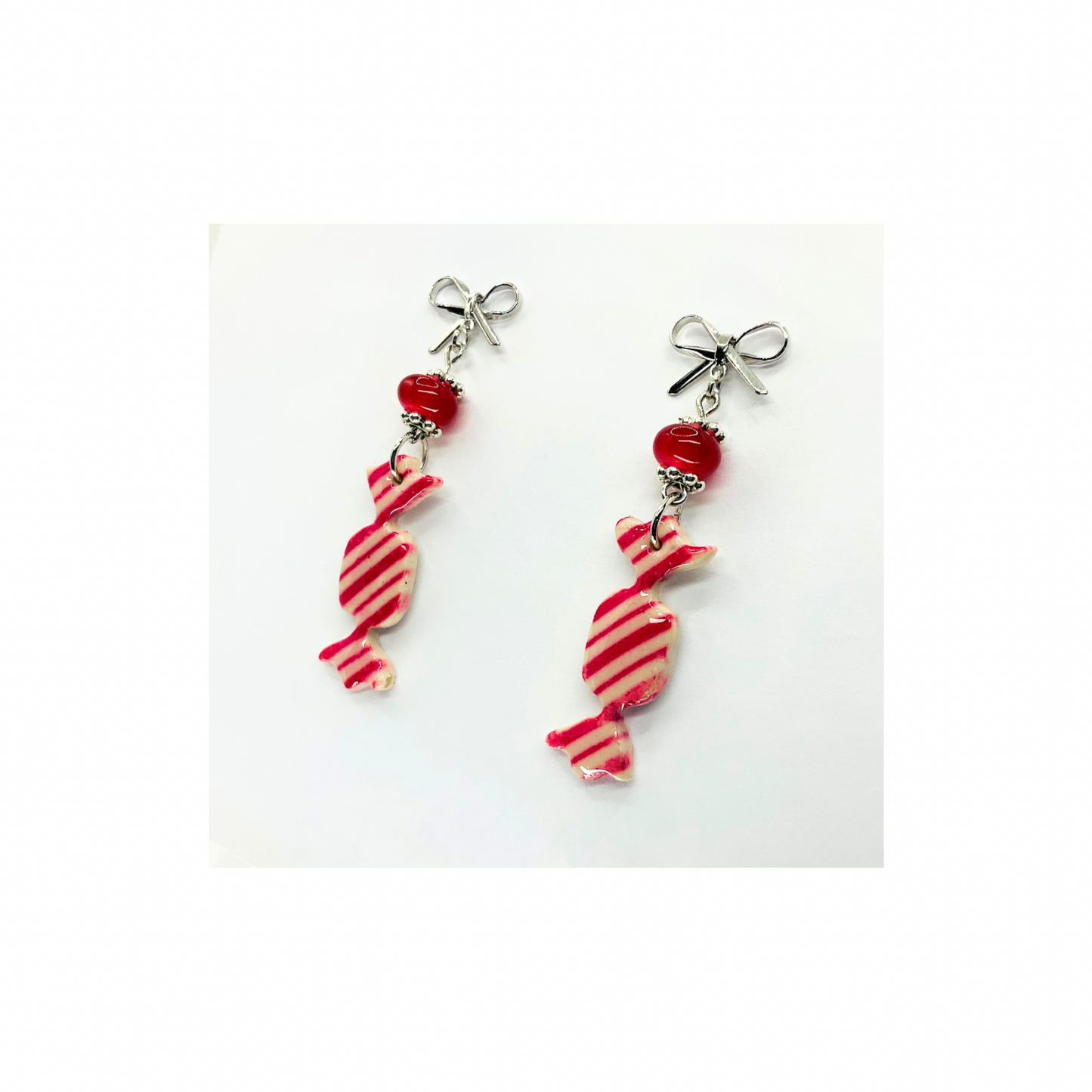 Wrapped Red Striped Candy Dangle with Red Bead and Silver Stud Earrings