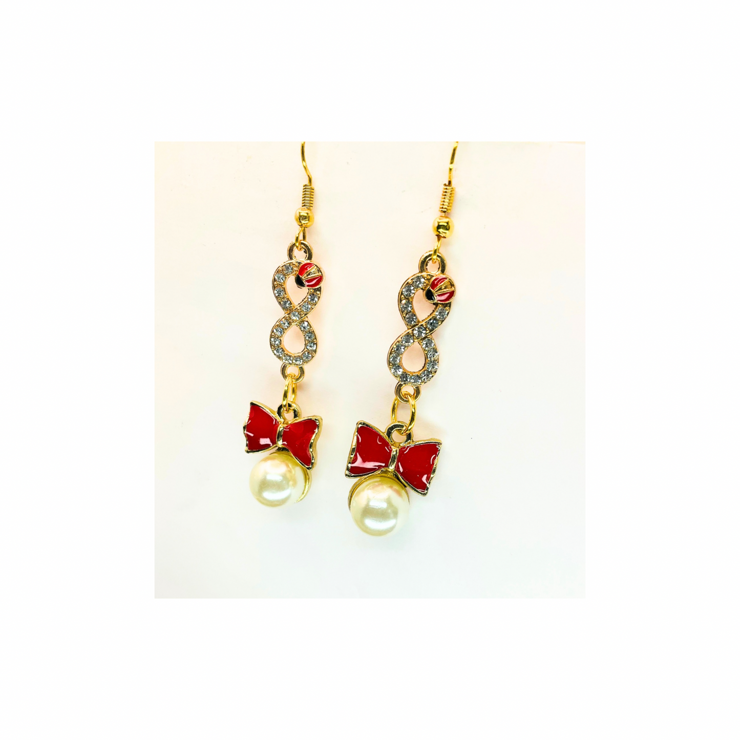 Red Bow with Pearl and Ladybug Rhinestone Dangle Earrings