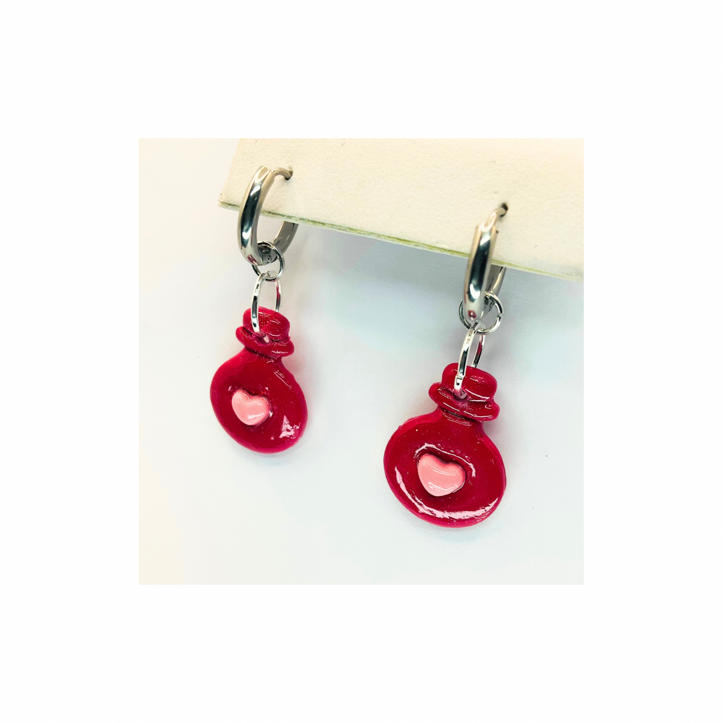 Small Red Globe with Light Pink Heart on Silver Hoop Dangle