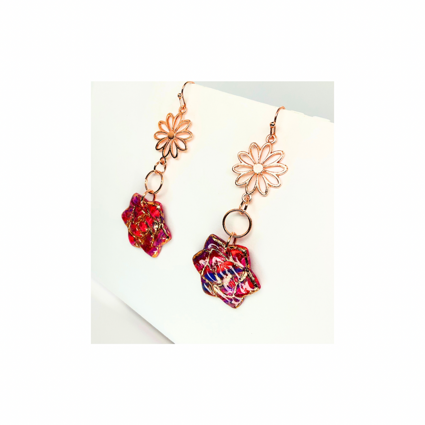 Rose Gold Collection Rose Shape Dangle Earrings with Colorful Floral Design and Elegant Daisy Top