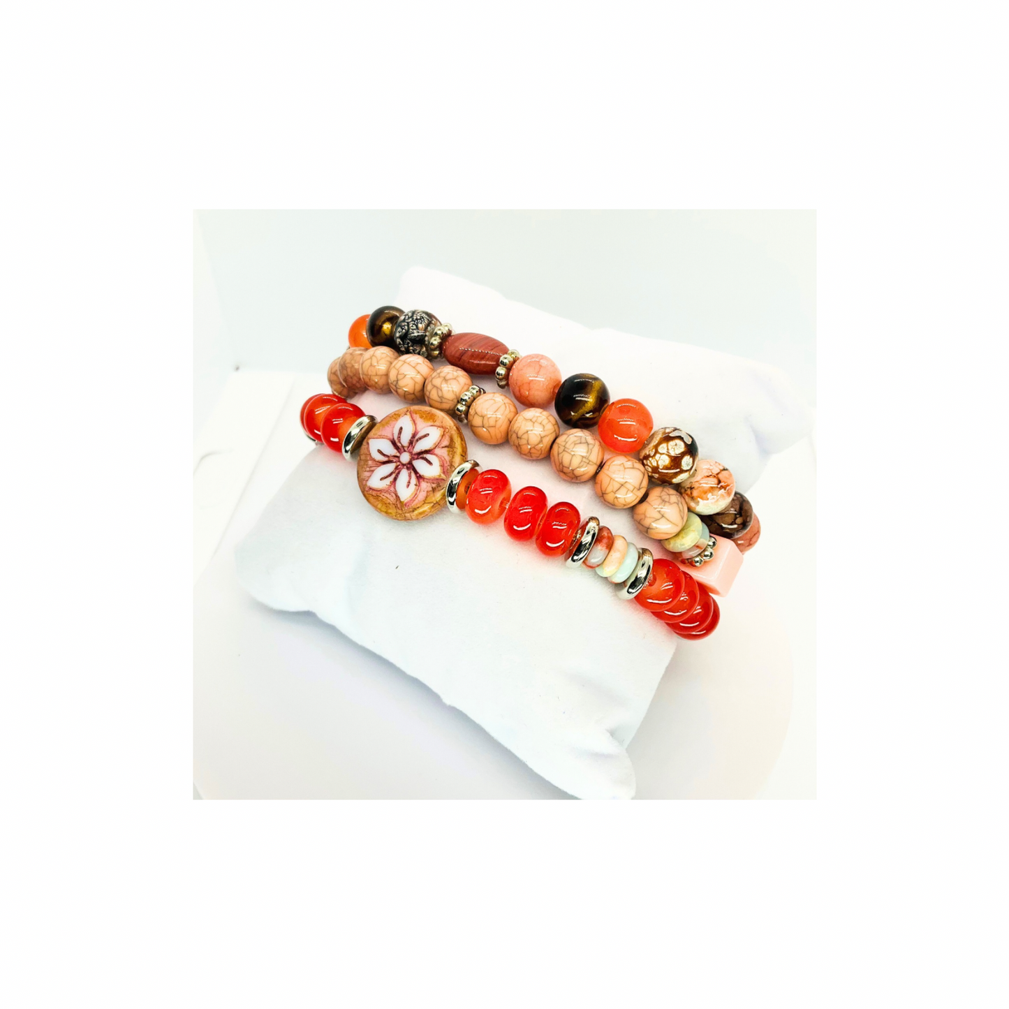 Coral Stacked Stretch Beaded Set of Three Bracelets with Natural Coral Beads for Stylish and Comfortable Wear