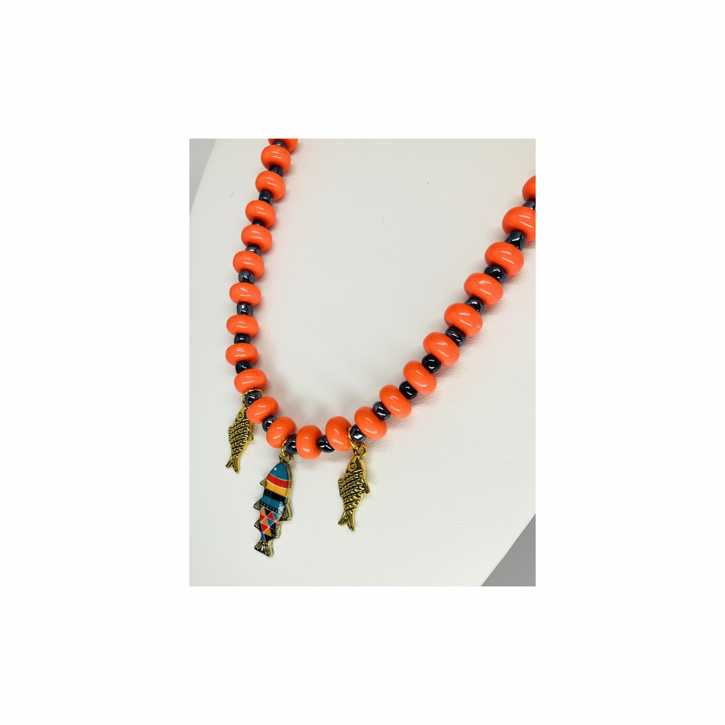 Orange and Dark Navy Beaded Fish Necklace | 18-inch | Crafting By BB