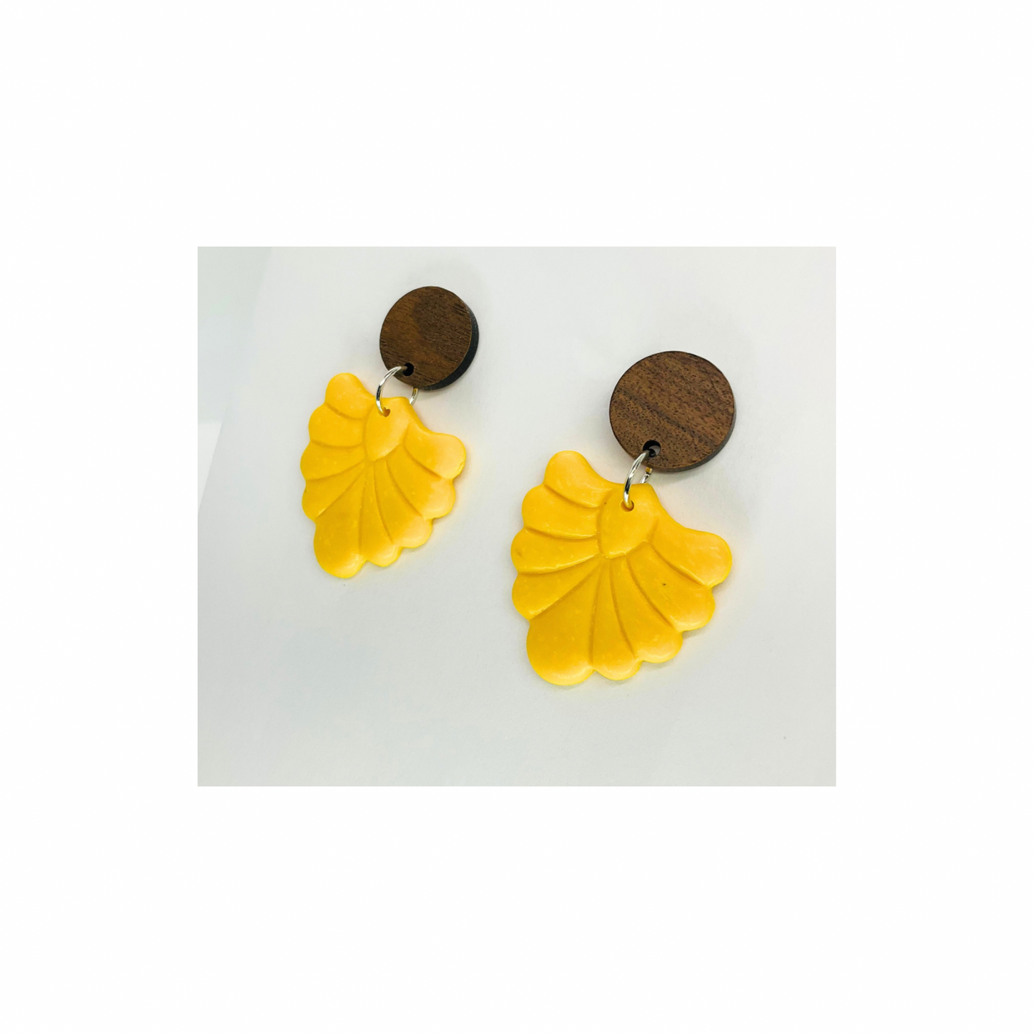 Fall Collection Yellow Dangle Earrings with Wood Button Studs Unique Design Fashion Accessory