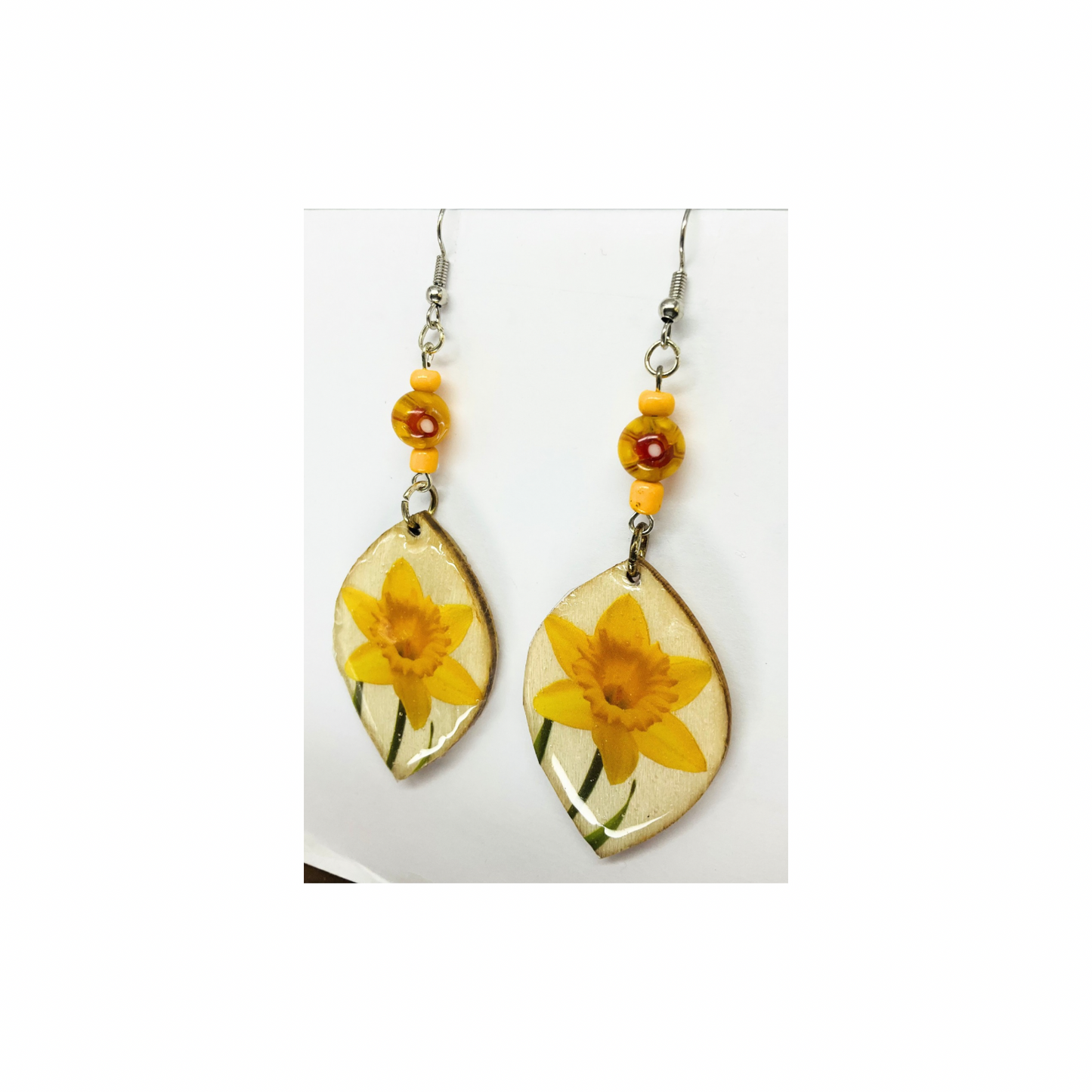 Yellow Flower Wood Dangle with Bead Embellishment Earrings-Crafting By BB