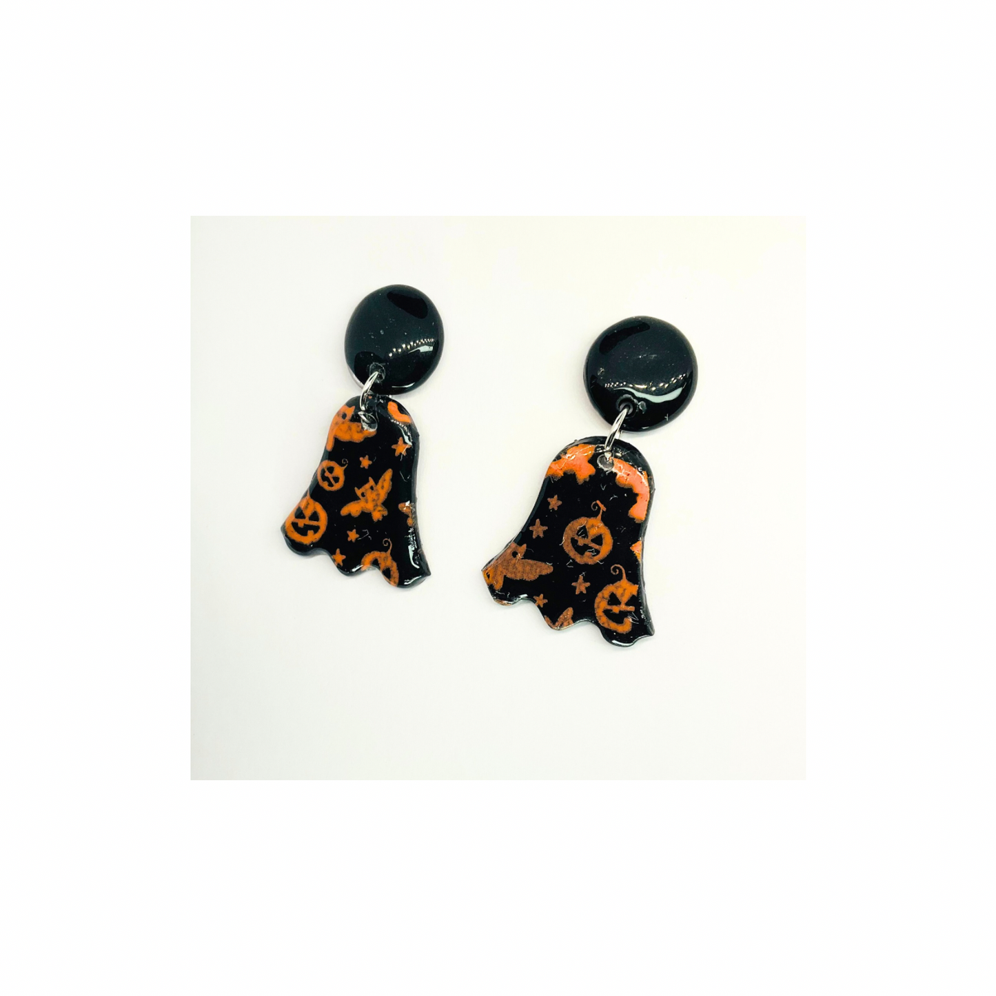 Fall Collection Black and Orange Ghost with Stud Button Dangle Earring Halloween Design