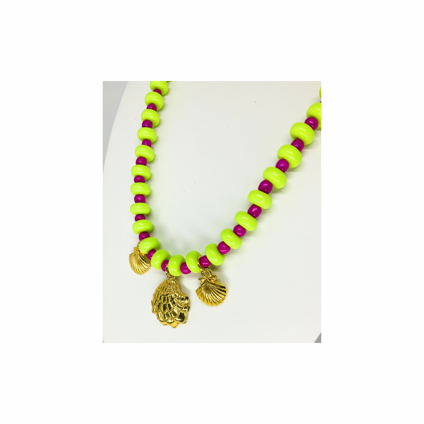 Lime Green and Hot Pink Beaded Necklace with Gold Shell Charms | 18-inch | Crafting By BB