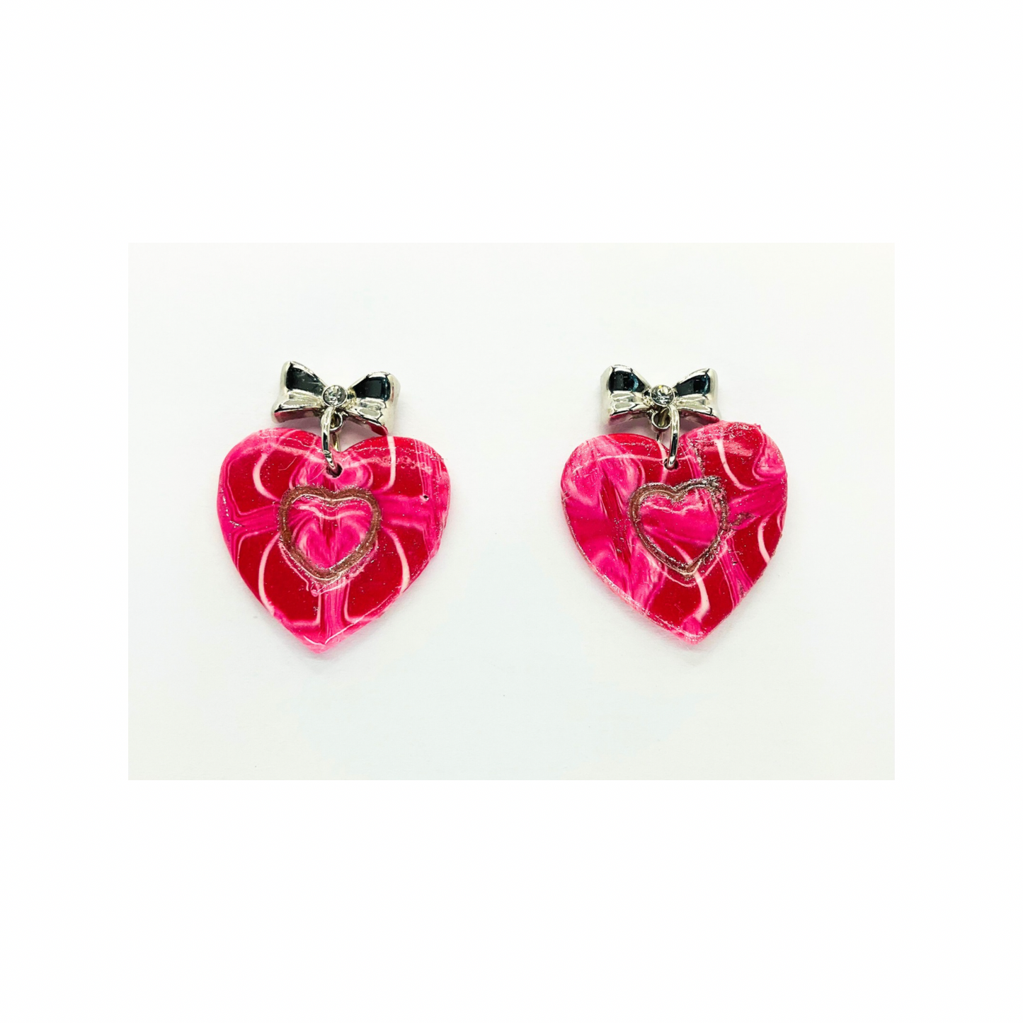 Pink Silver Marble Heart with Bow Stud Earrings