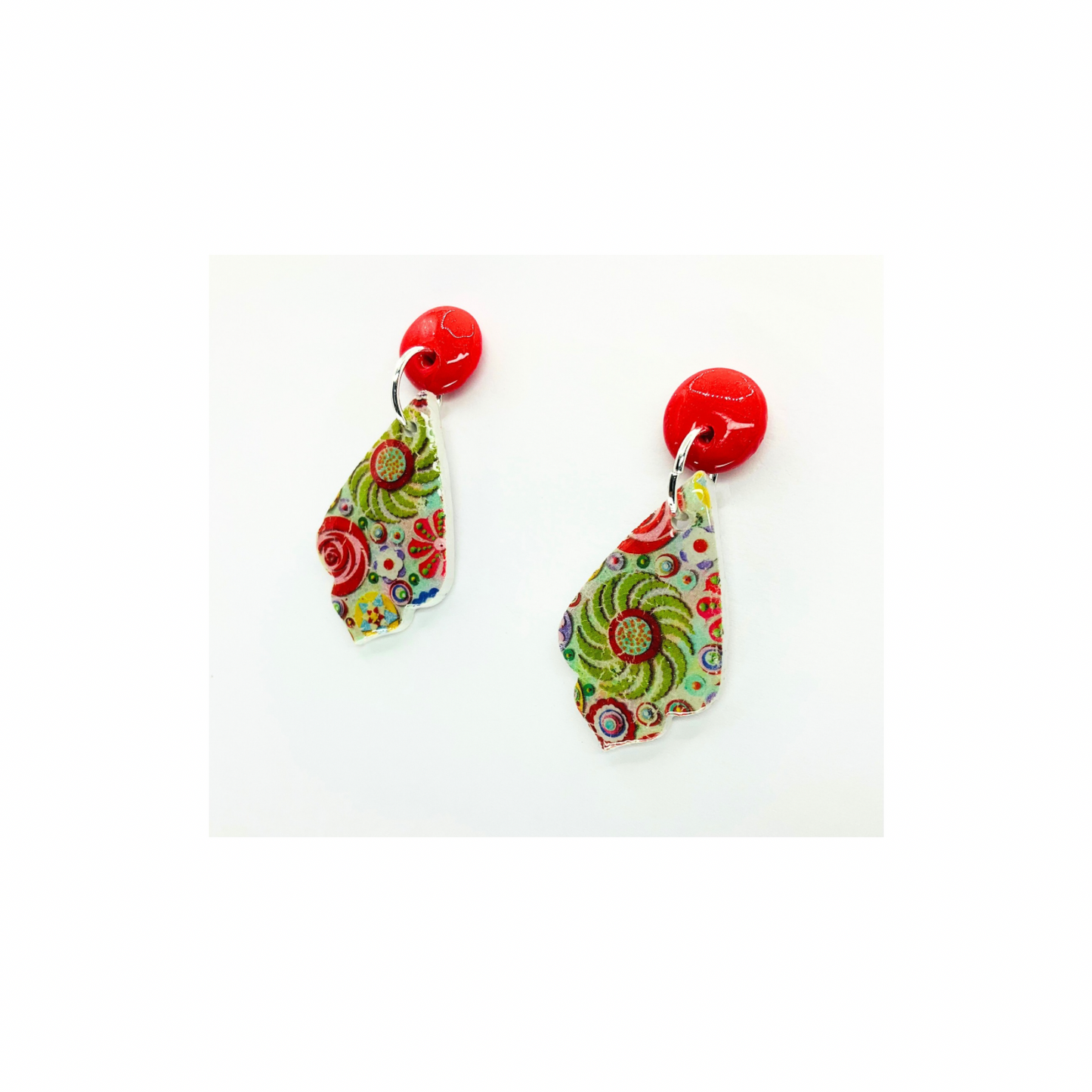 Whimsical Red and Green Teardrop with Red Button Stud Dangle Earrings for Festive Outfits