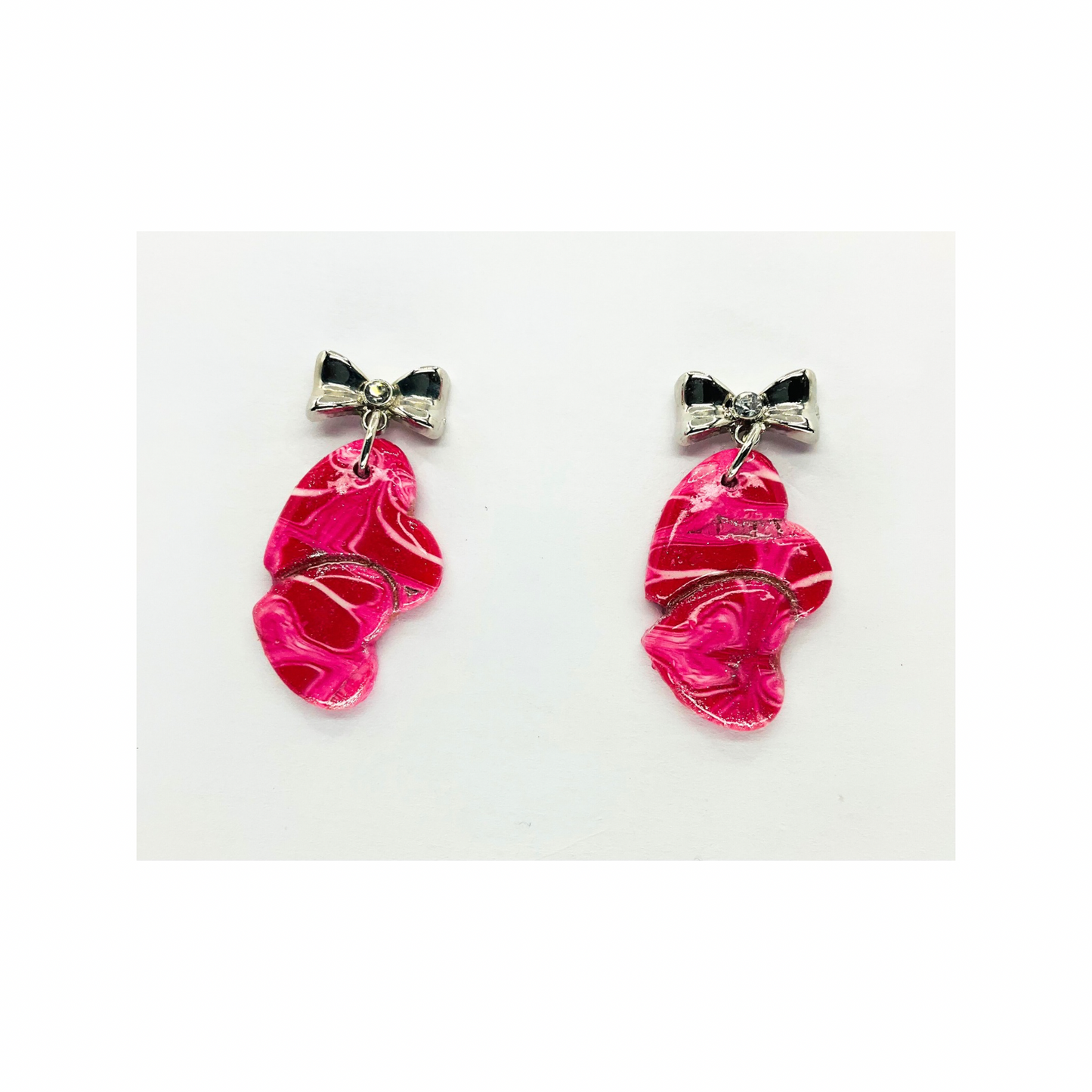 Pink Marble Double Heart Dangle &amp; Silver Heart Studs