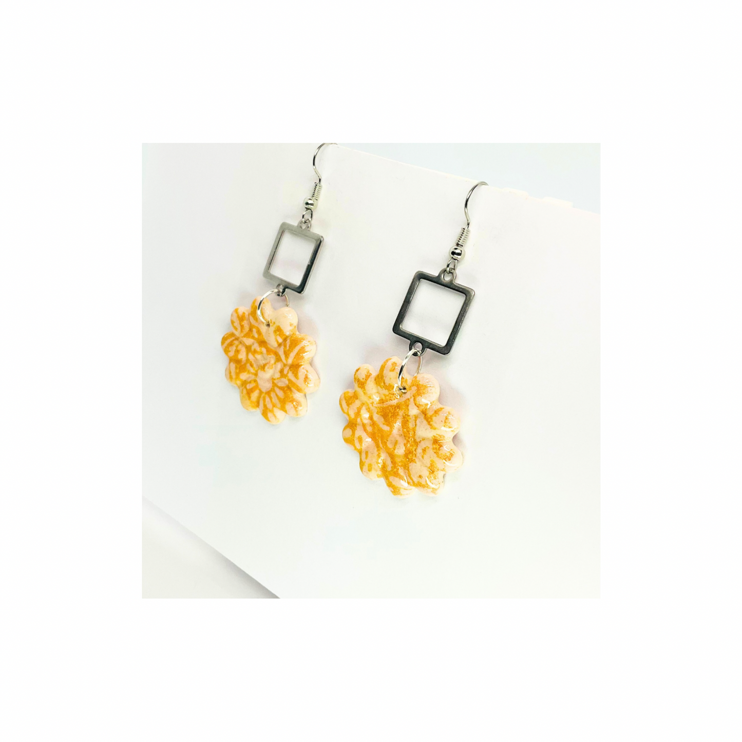 Beach Bloom Collection with Silver Embellishment Dangle Earrings featuring Yellow Floral Design and Square Charms