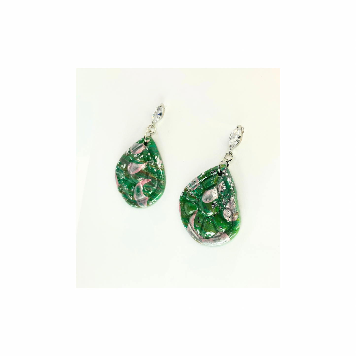 Green Silver Sparkle with Pearl Pink on Rhinestone Stud Dangle Earring for Adults Sparkly Teardrop Design