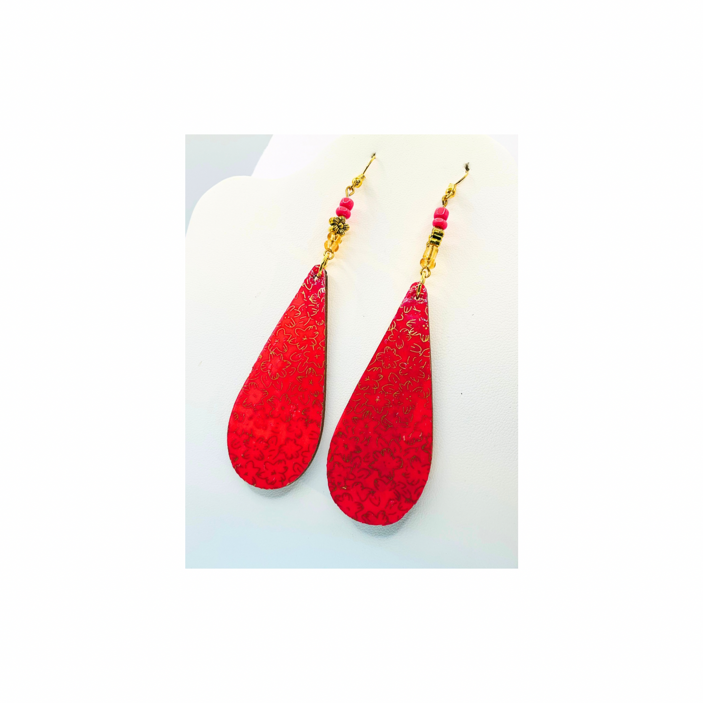 Pink and Gold Long Teardrop Lightweight Wood Dangle Earring