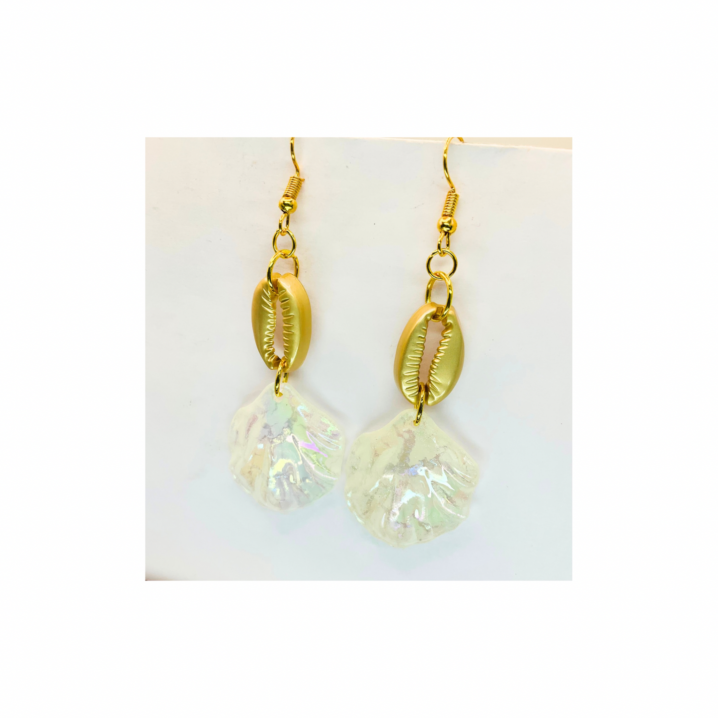 Mermaid Collection Crackle Cream Shell and Gold Dangle Earring with Unique Design Elements