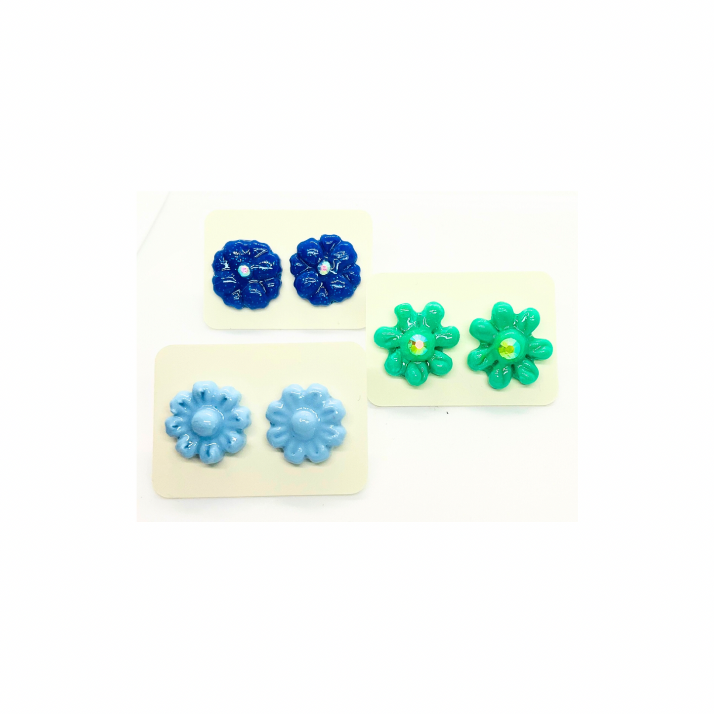 Stud Flower Earrings in Blue, Green and Navy Blue