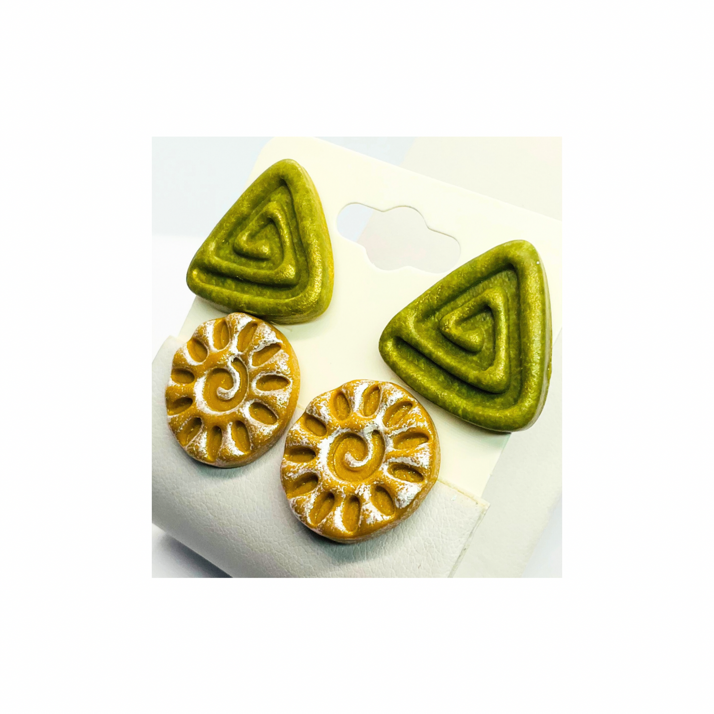 Stud Earrings in Green and Yellow with Accents of Silver and Gold