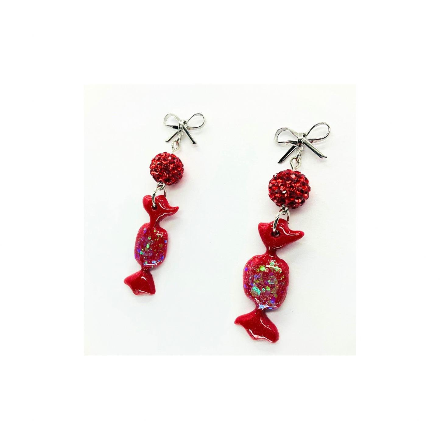 Red Wrapped Candy Earrings with Sparkle Beads and Silver Bow Studs Dangle Design for Festive Wear