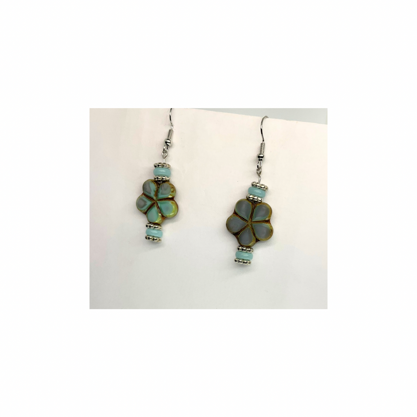 Porcelain Bead Collection with Flower Dangle Earrings - Elegant Design Featuring Teal and Silver Accents