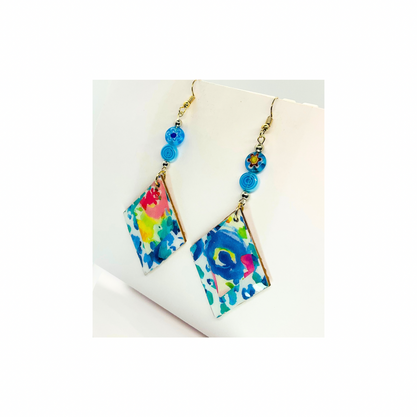 BOHO Dangle Wood Decoupage Earrings - Handmade Diamond-Shaped Floral Design with Tiny Beads & Resin Finish