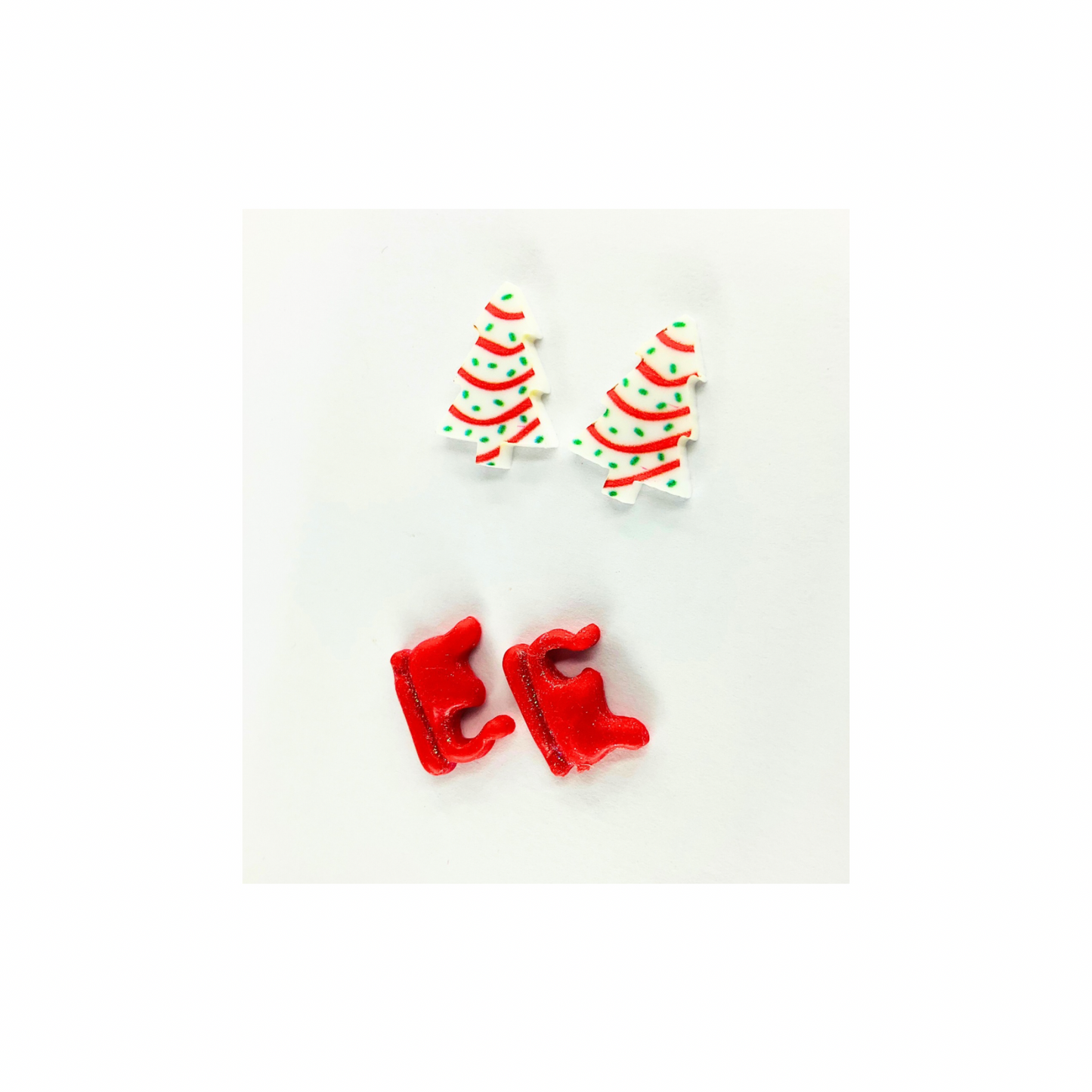 Debbie Cake Tree and Red Sleigh Stud Earrings Festive Christmas Design for Holiday Wear