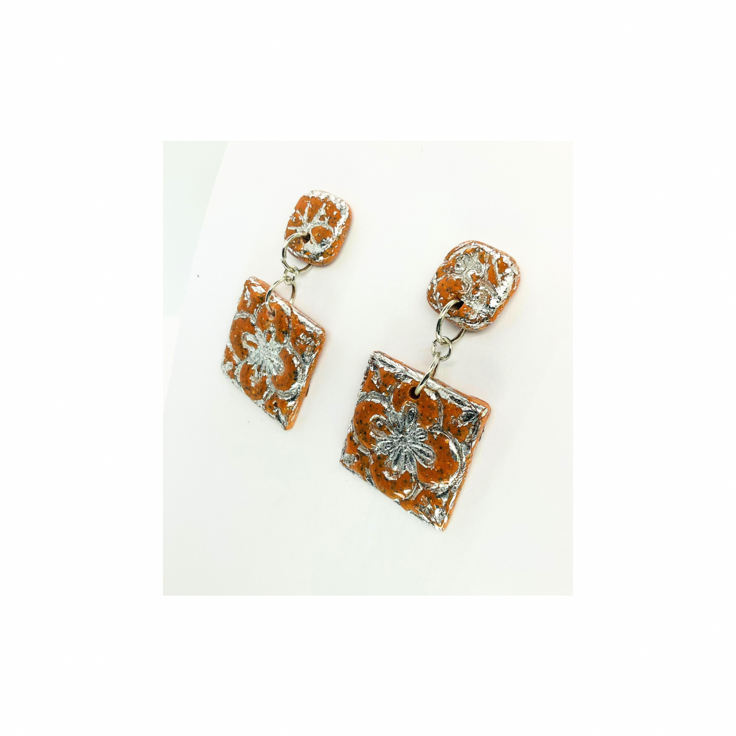 Terracotta Tile Stud Square with Silver Accents Dangle Earrings - Teracotta and Silver Design