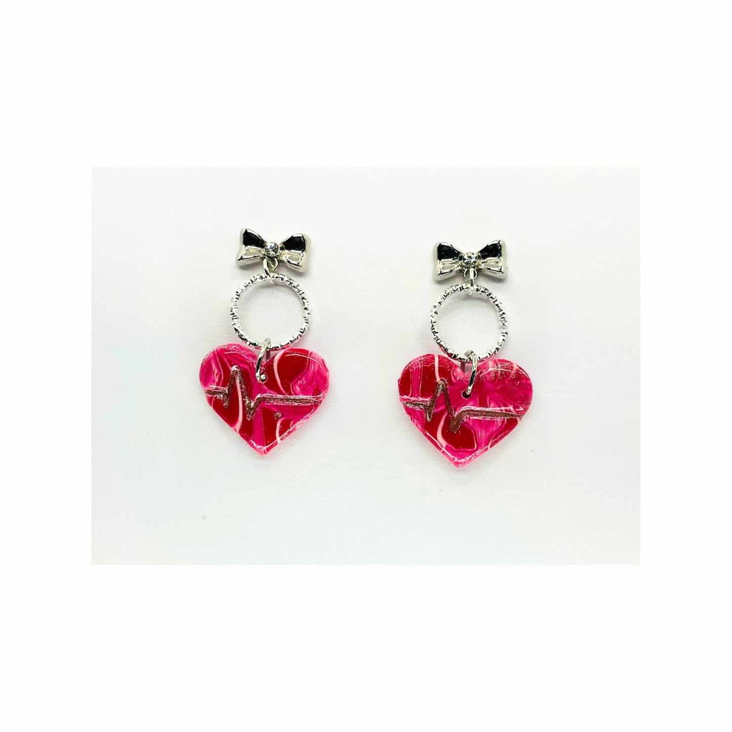 Earrings Featuring Marble Pink Silver Heart with Round Loop and Silver Bow Stud Earrings