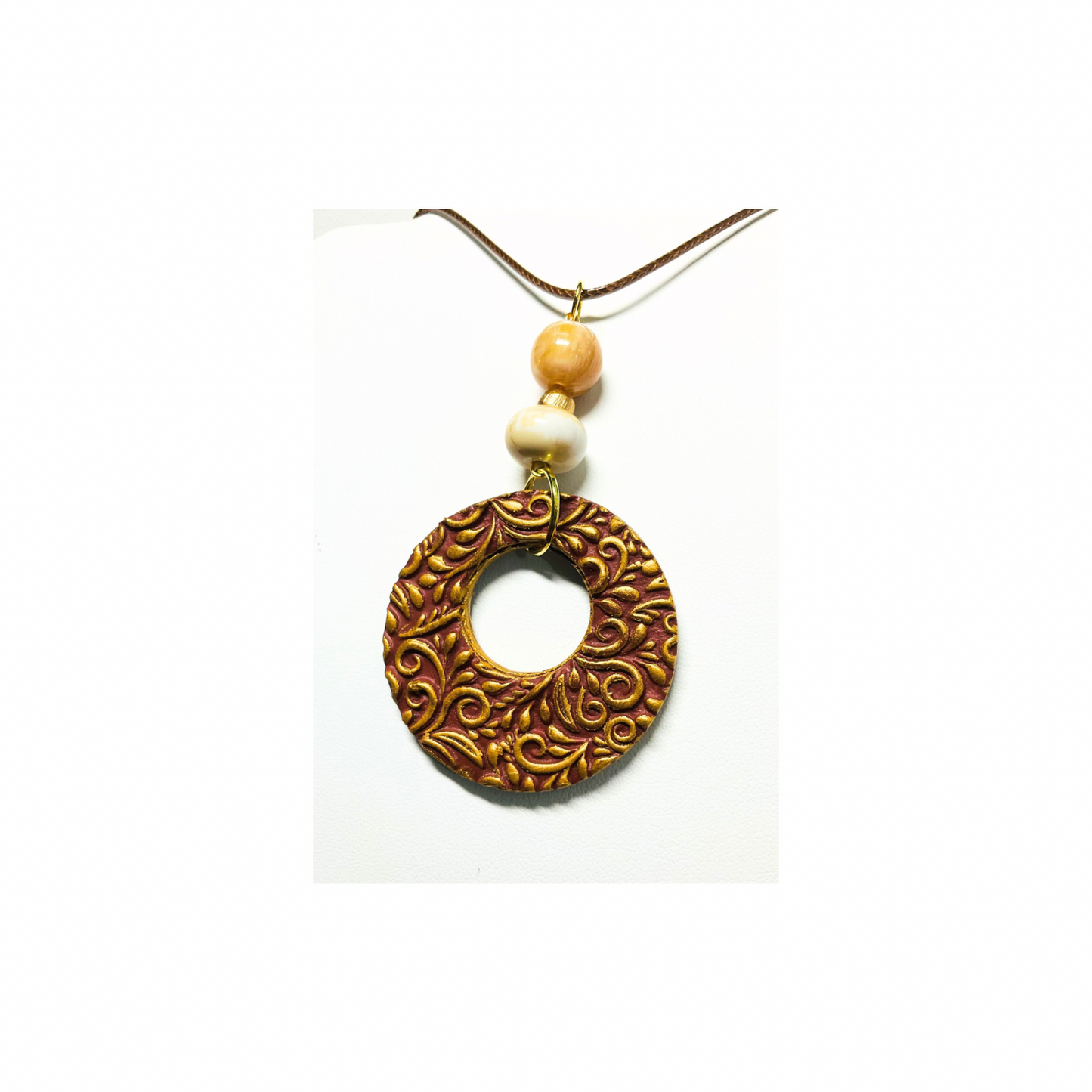 Burnt Sienna Pendant with Gold Accents and Beads on an Adjustable Rope Necklace in PU Leather Material - Elegant & Versatile Jewelry Accessory