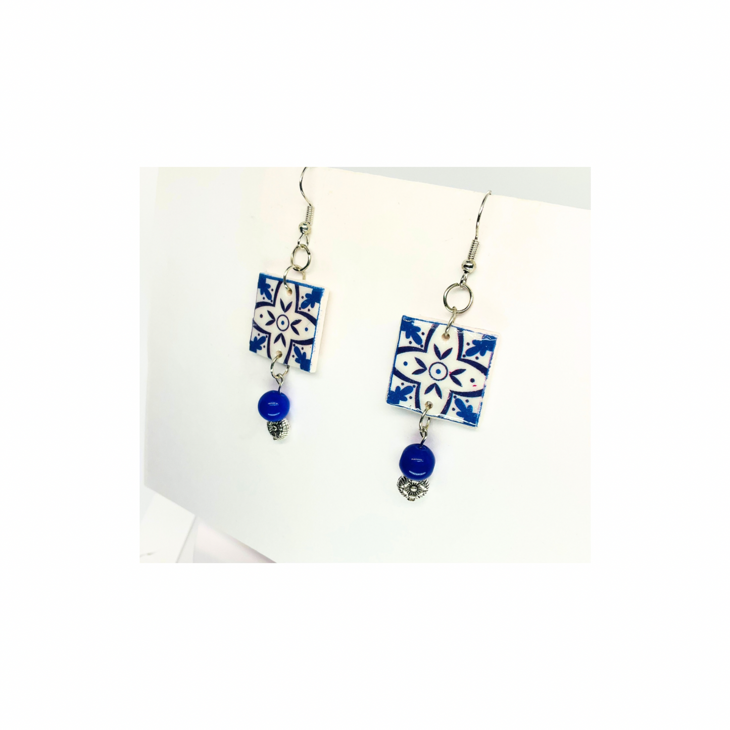 French Garden Collection Blue White Ceramic Tile Earrings with Blue Bead Dangle for Women Elegant Design Versatile Stylish Accessory
