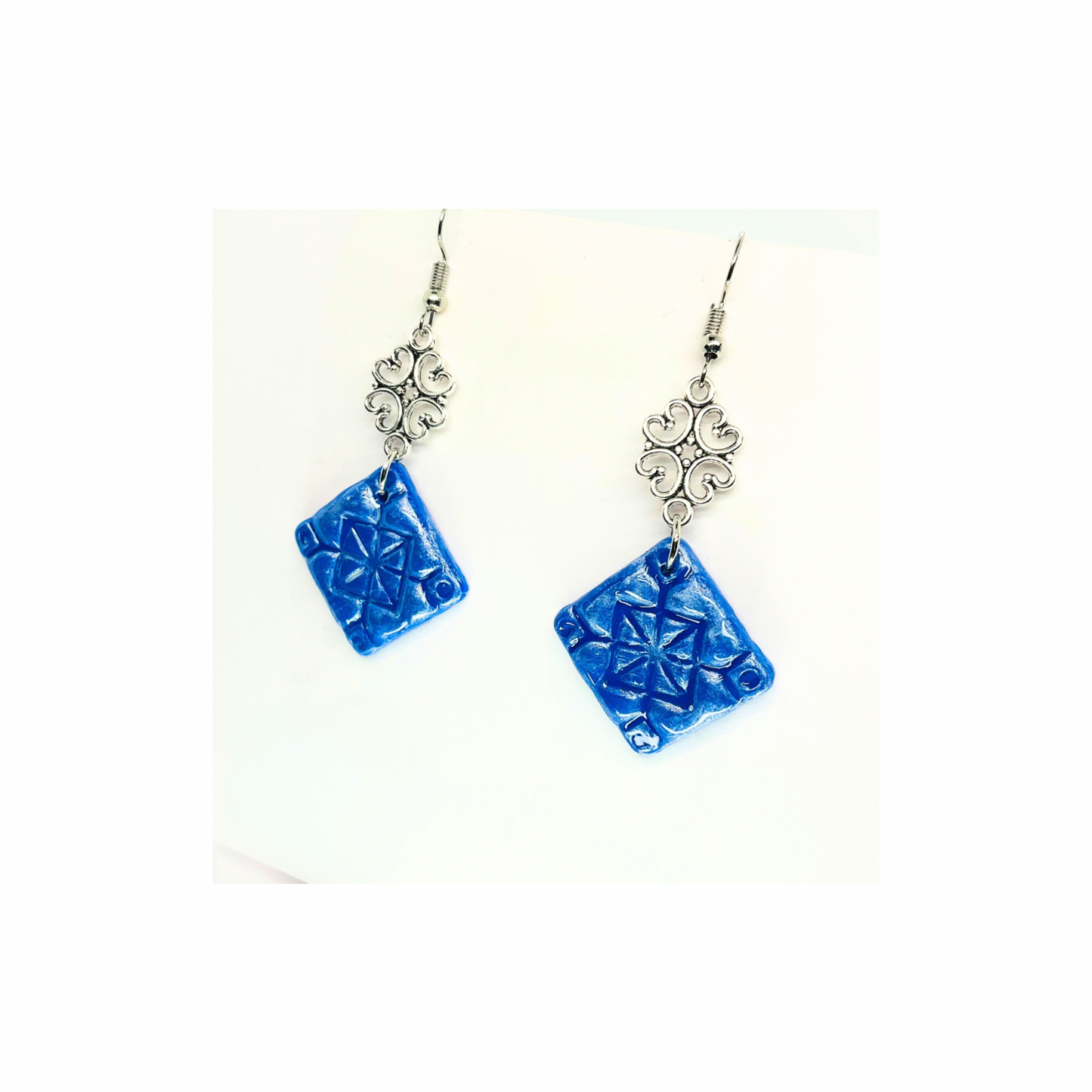 Blue Tile 130 with Silver Charm Dangle Earrings - Blue Square Design & Silver Charm Accents
