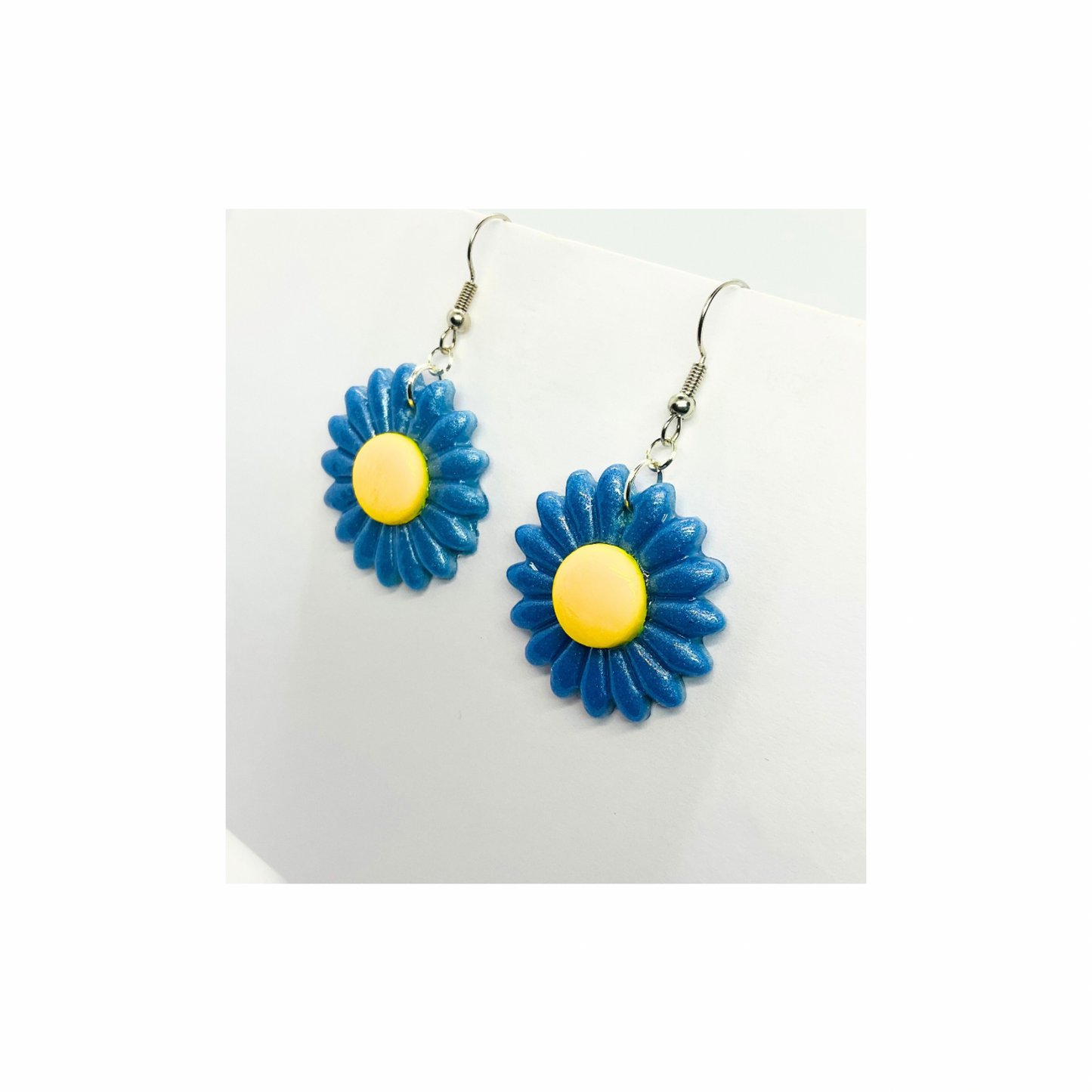 Blue Sunflower Dangle Earring with a Yellow Center