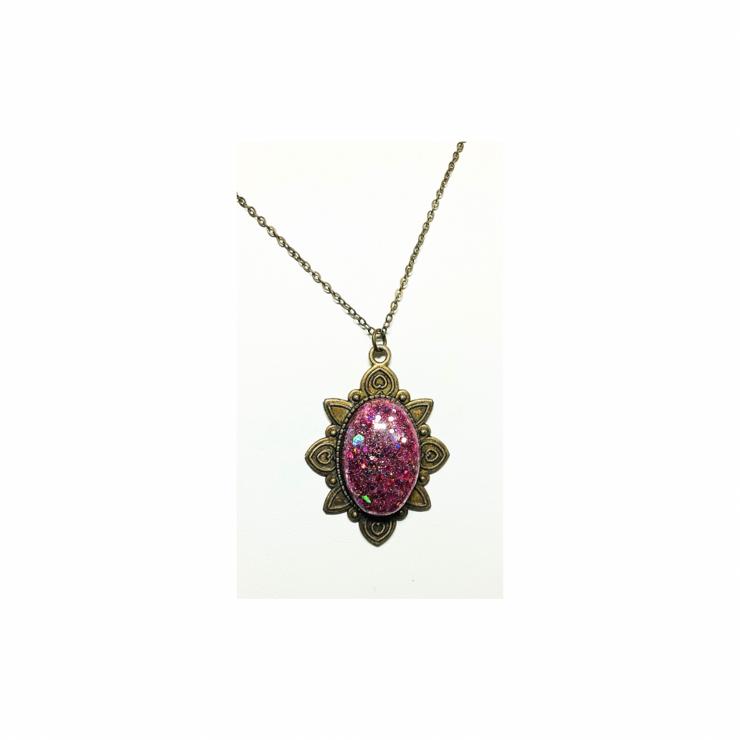 Antique Gold Pink Sparkle Pendant 18-inch Necklace with Elegant Design and Chain