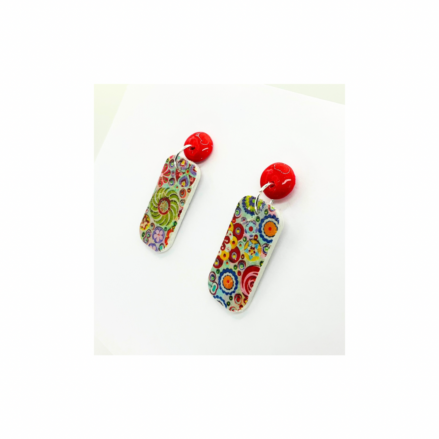 Whimsical Red and Green Rectangle Dangle with Red Button Stud Earrings for Festive Outfits