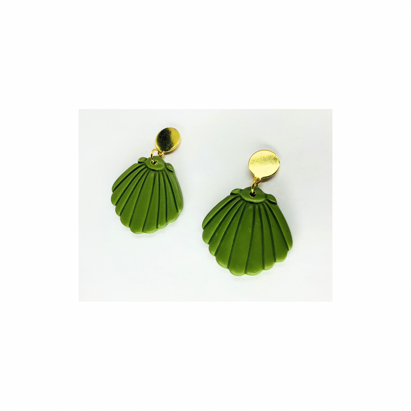Olive Green Shell Dangle with Gold Button Stud Earrings-Crafting By BB