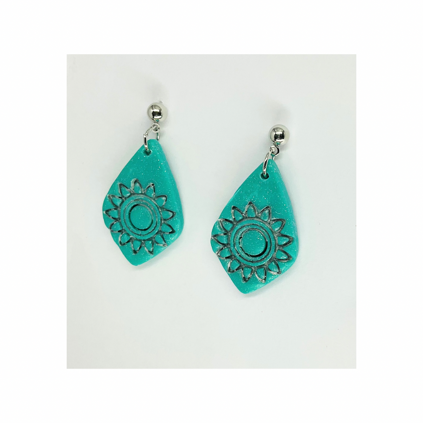 Turquoise Starburst Teardrop with Silver Ball Stud Dangle Earring-Crafting By BB
