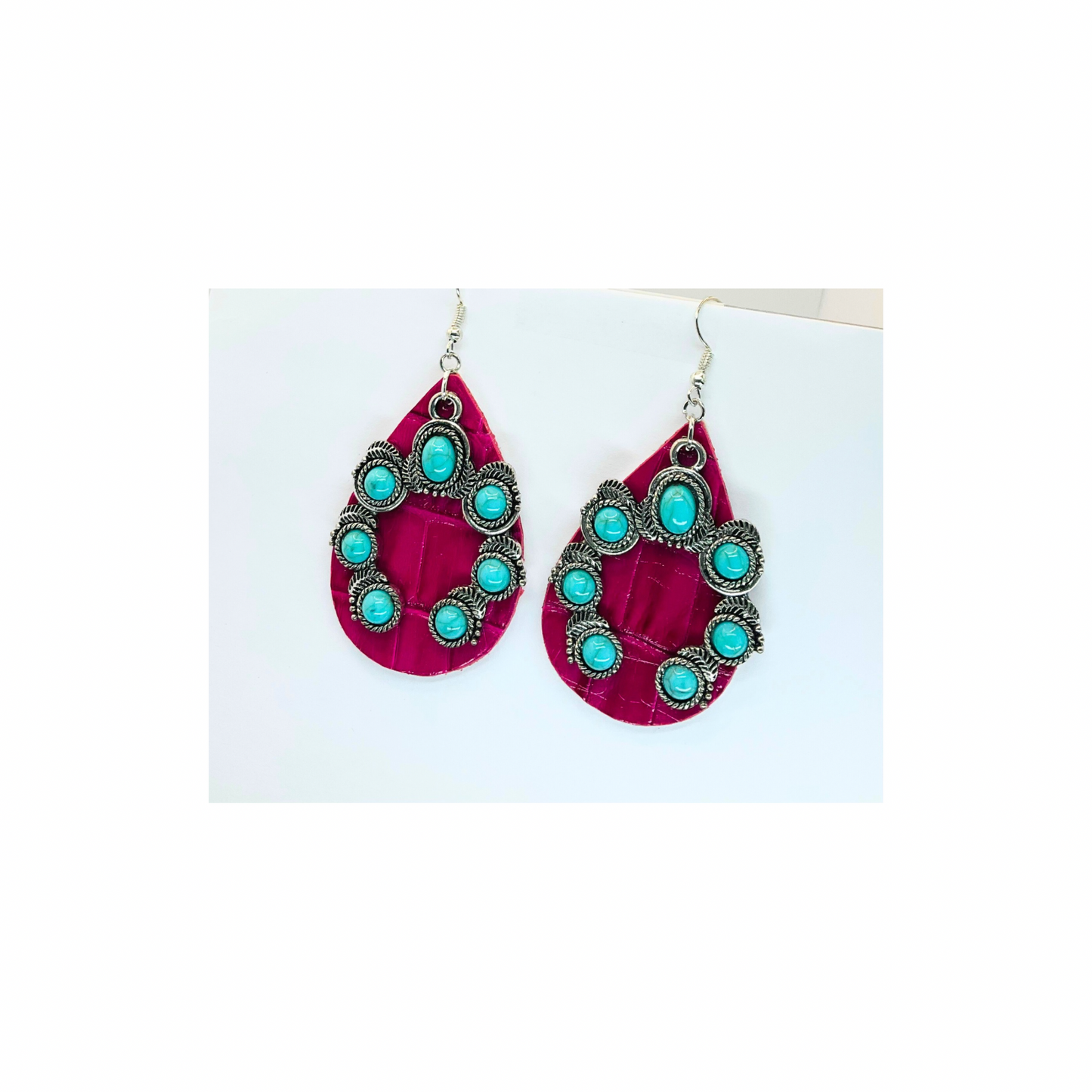 Hot Pink Leather Teardrop with Horseshoe Turquoise Shaped Charm Earrings-Crafting By BB