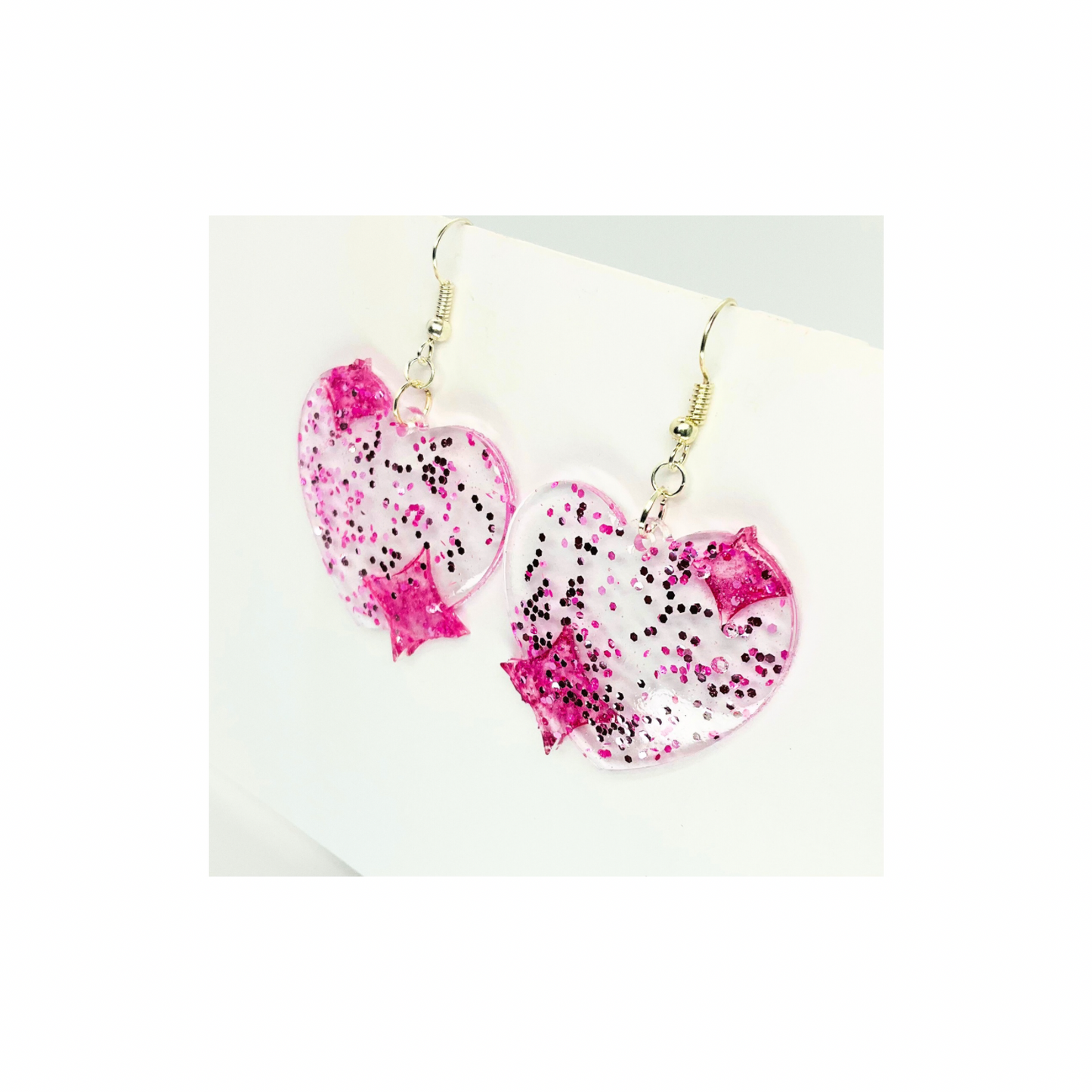 Pink Sparkle Heart Earrings  Dangle Style with Pink Glitter & Silver Hook Carrier Unique Handcrafted Jewelry