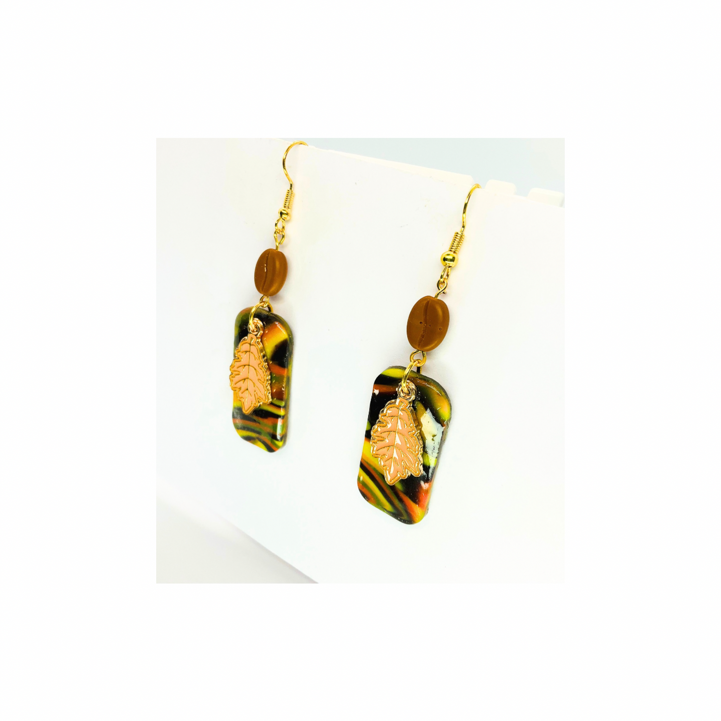 Fall Collection Rectangle with Yellow Gold Leaf Charm Dangle Earring - Unique Design Earrings