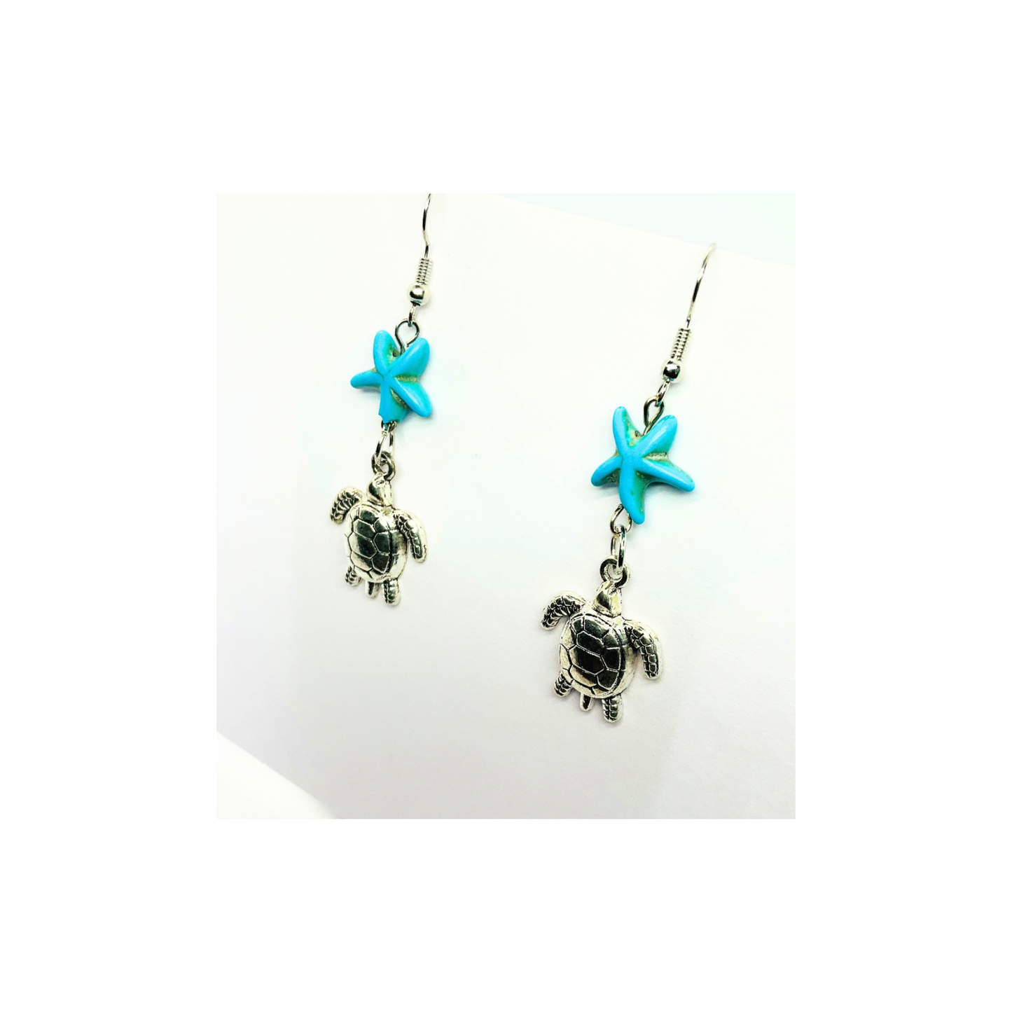 Ocean Collection Silver Turtle with Starfish Dangle Earring - Blue Starfish Accents