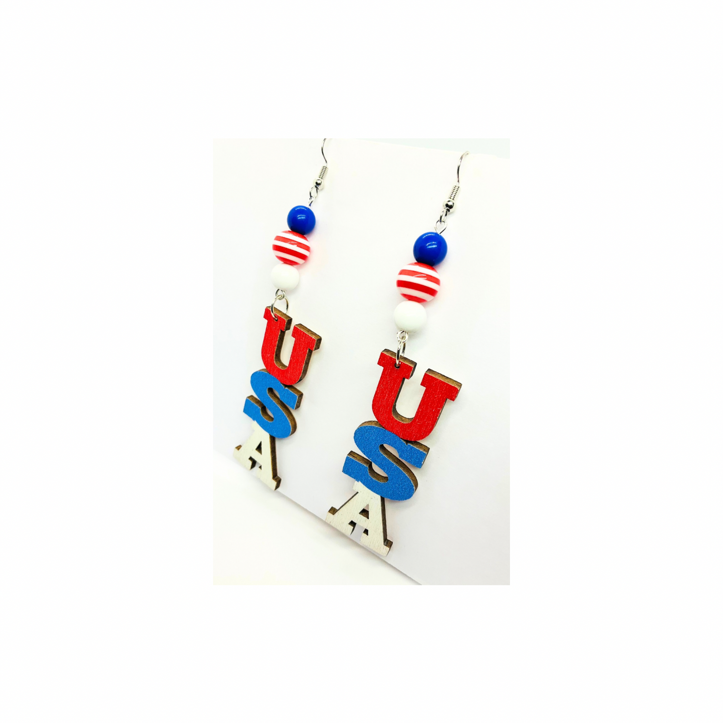 Patriotic Collection USA Wood with Bead Dangle Earring for Female Red White Blue Colorful Design