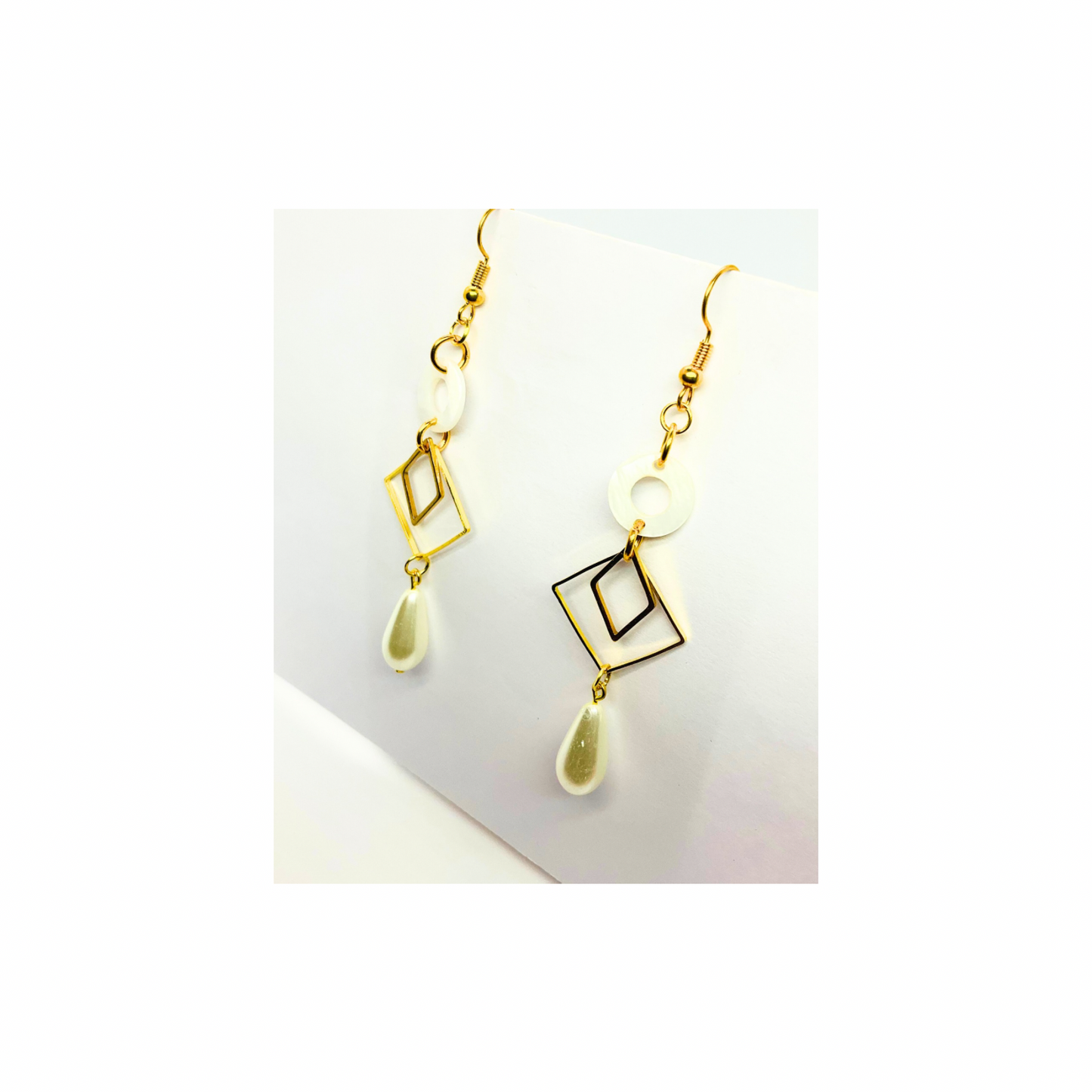 Spot Cream and Gold Collection Pearl Charm Dangle Earrings with Geometric Design and Pearl Drop Jewelry