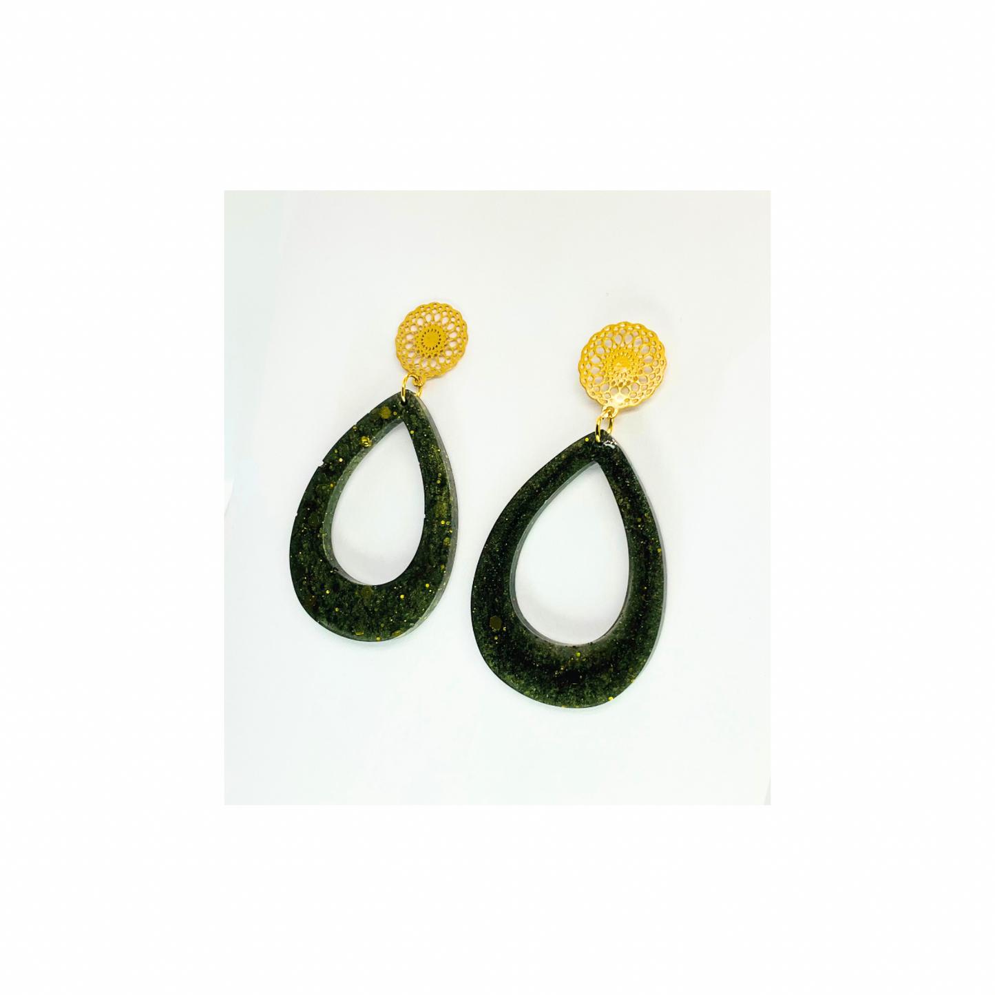 Hunter Green and Gold Sparkle Teardrop with Gold Filigree Stud Earrings - Elegant Teardrop Shape & Intricate Filigree Design