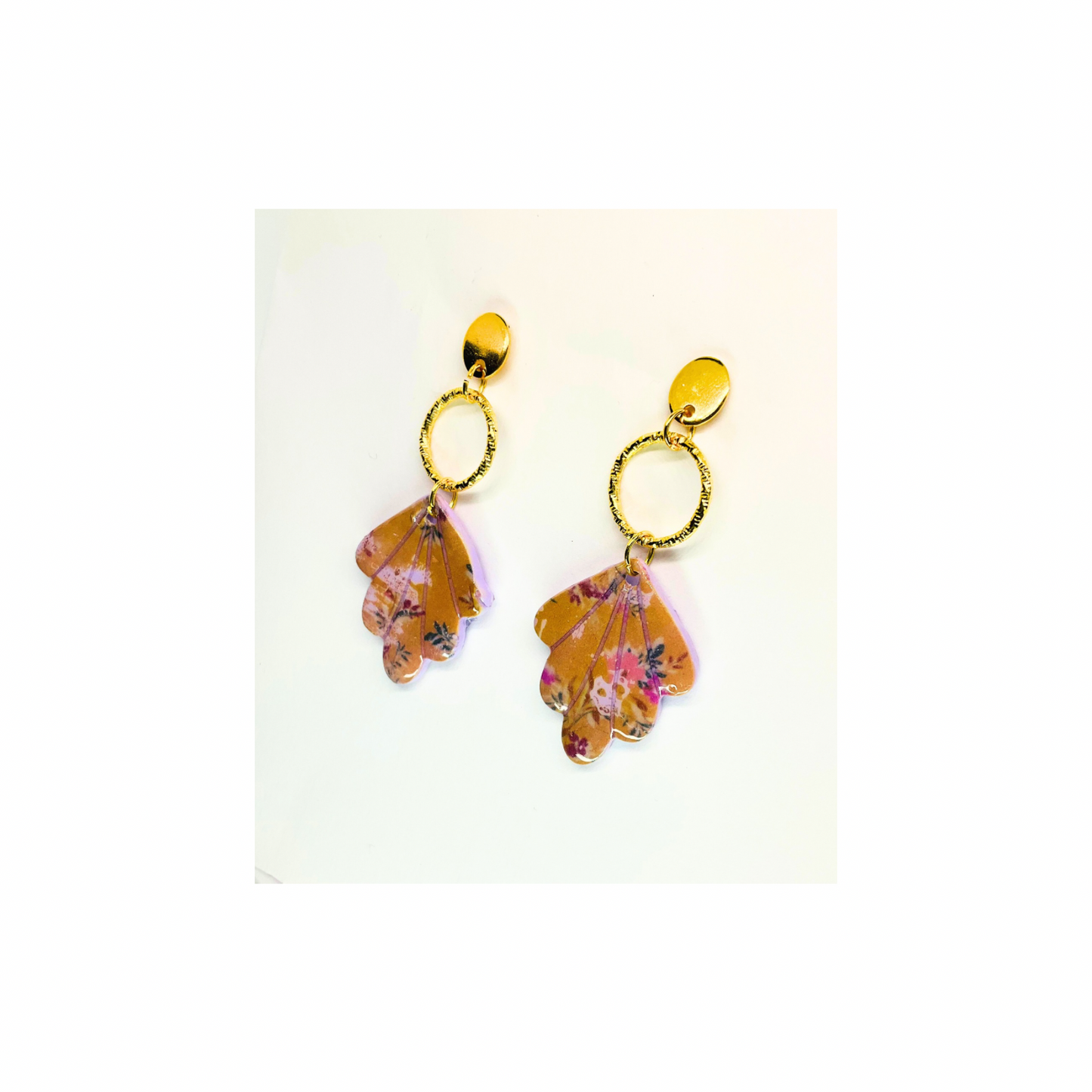 Purple and Beige Dangle with Gold Circle Stud Earrings