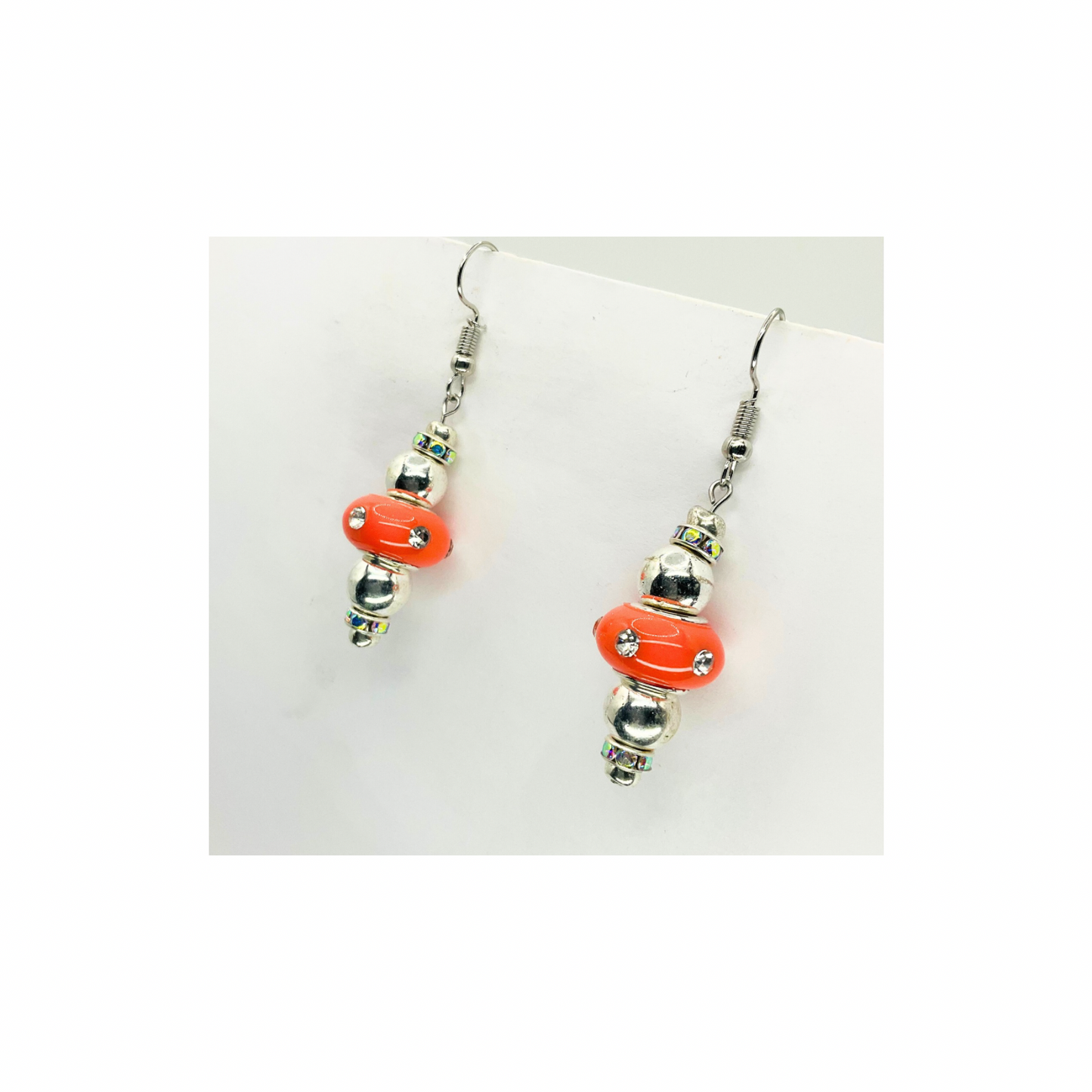 Orange Rhinestone Bead Dangle with Silver Bead Earrings