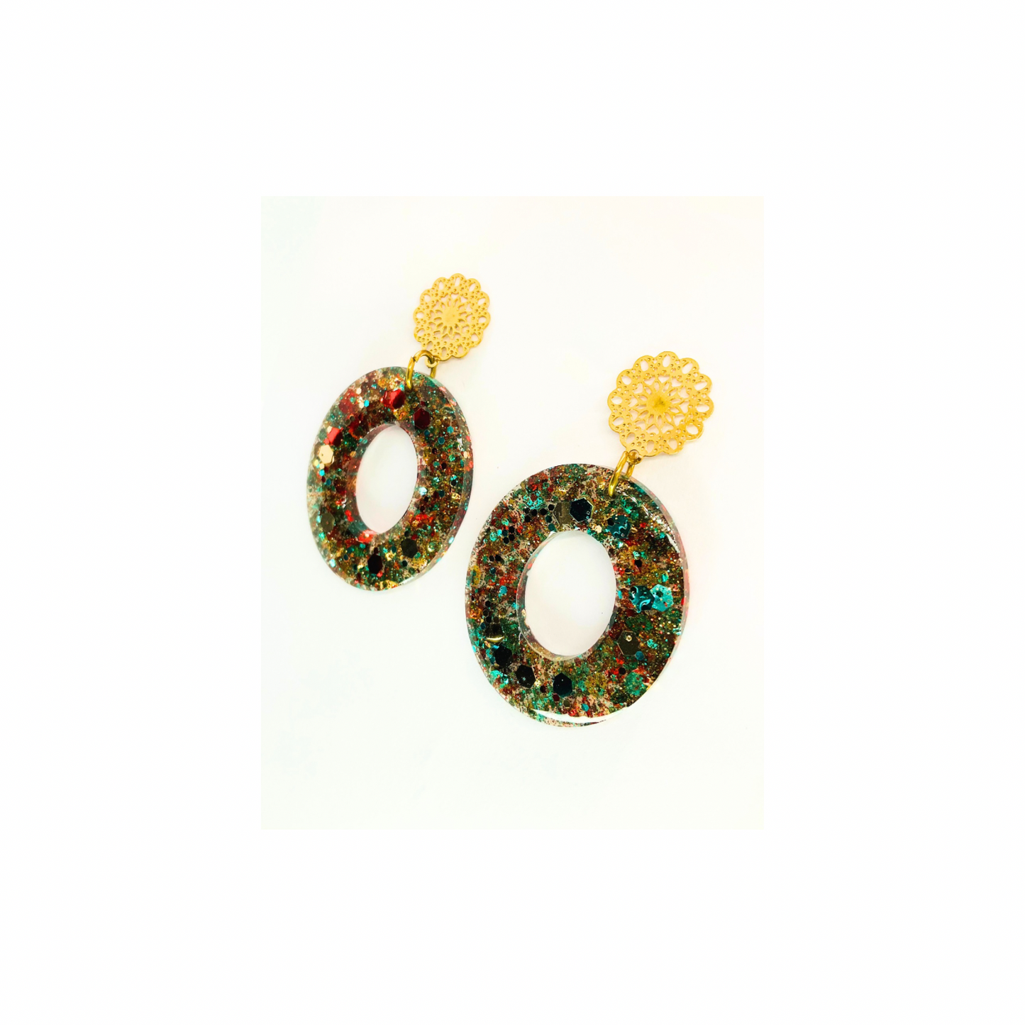 Sparkling Oval Drop Earrings with Filigree Gold Stud Dangle Earrings - Handmade Chunky Glitter Resin Earrings in Gold & Teal