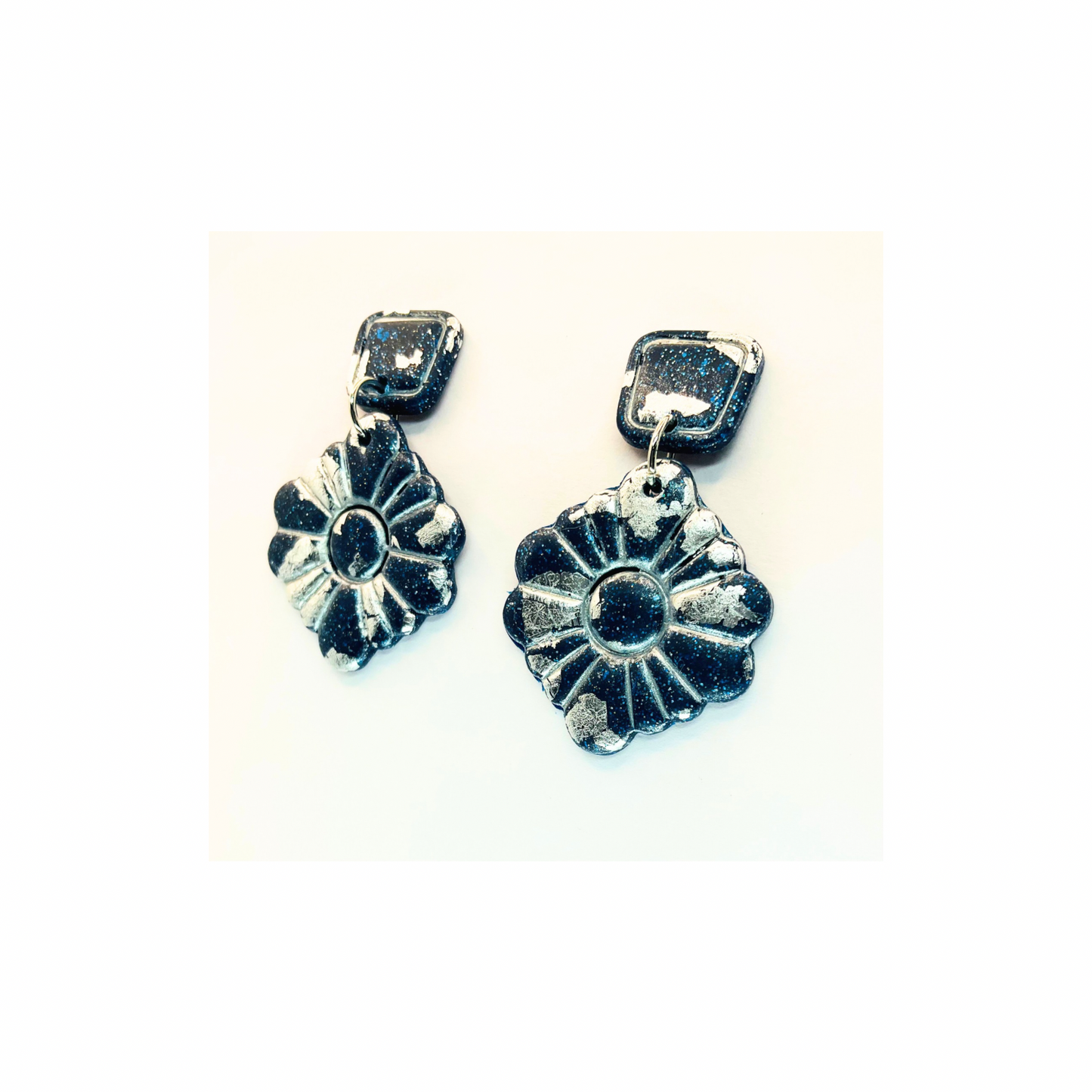 Navy and Silver Sparkle Dangle with Square Stud Earrings